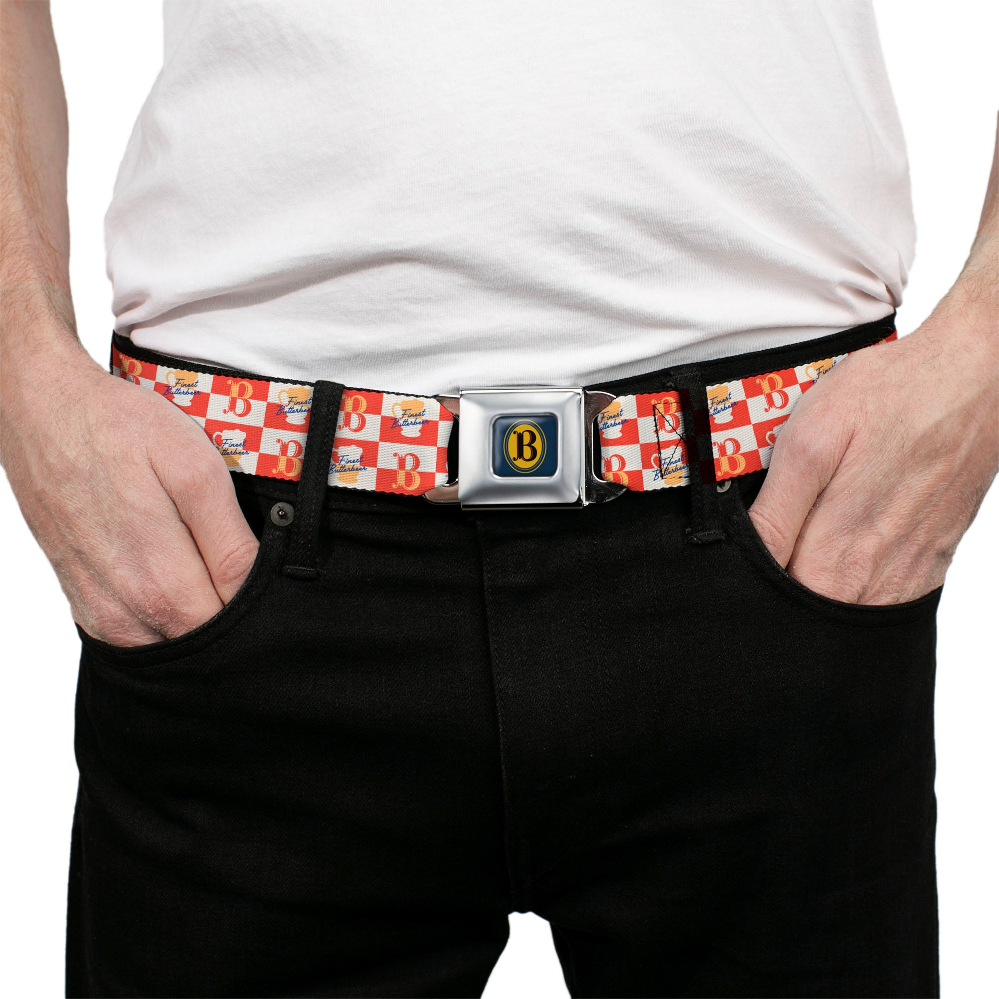 Harry Potter Butterbeer Logo Full Color Navy/Yellow Seatbelt Belt - HARRY POTTER FINEST BUTTERBEER Logo and Mug Checker Red/White/Yellow Webbing Seatbelt Belts Harry Potter