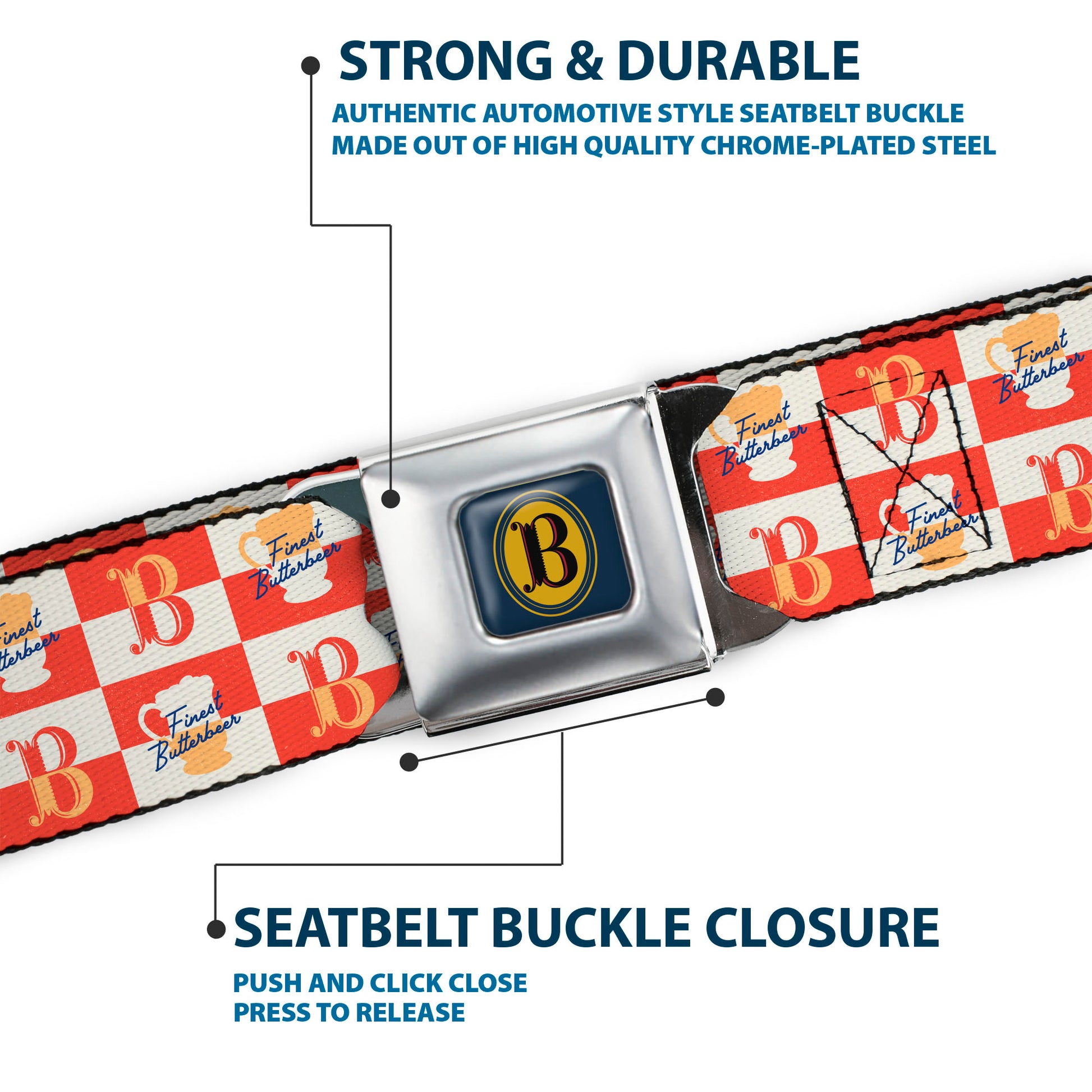 Harry Potter Butterbeer Logo Full Color Navy/Yellow Seatbelt Belt - HARRY POTTER FINEST BUTTERBEER Logo and Mug Checker Red/White/Yellow Webbing Seatbelt Belts Harry Potter