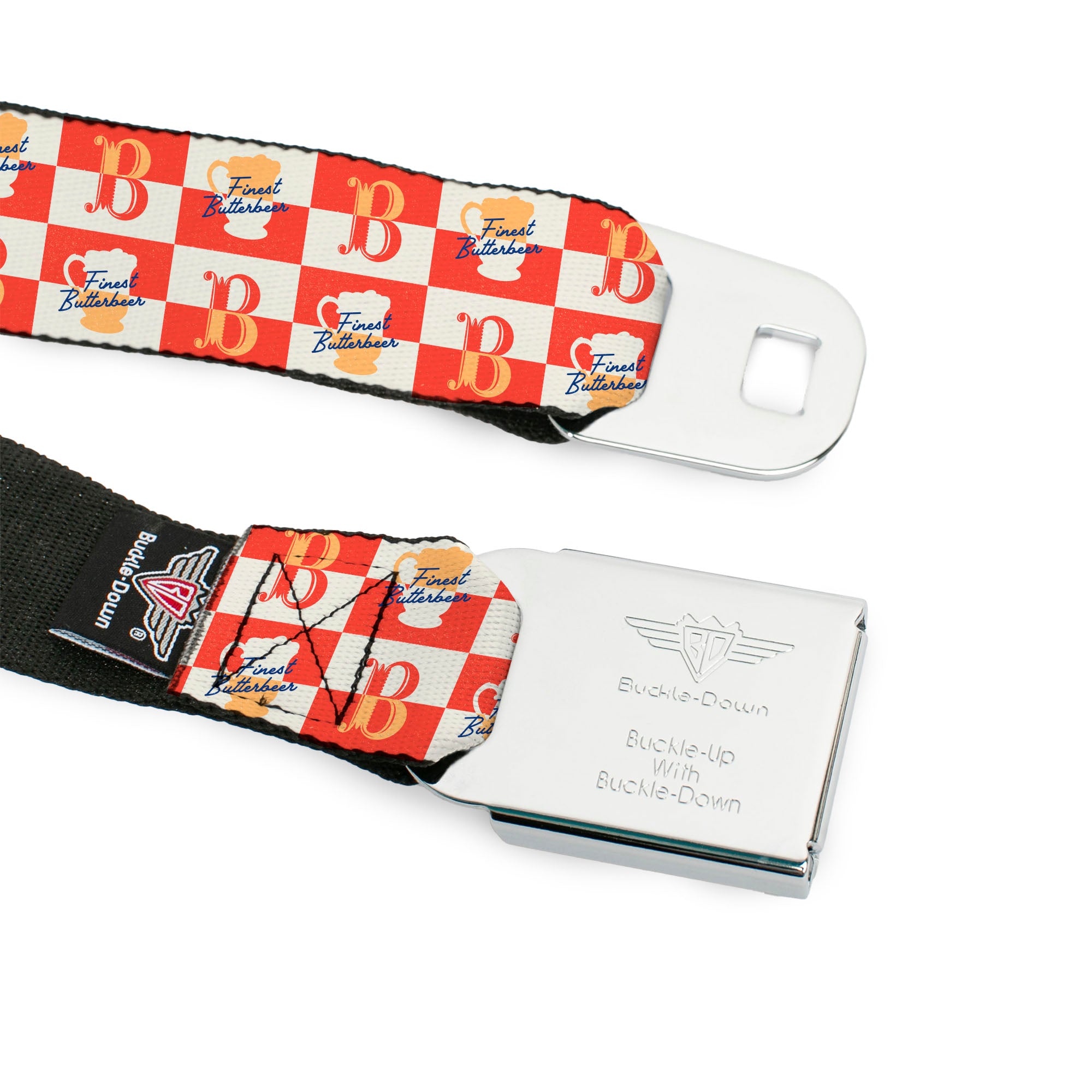 Harry Potter Butterbeer Logo Full Color Navy/Yellow Seatbelt Belt - HARRY POTTER FINEST BUTTERBEER Logo and Mug Checker Red/White/Yellow Webbing Seatbelt Belts Harry Potter