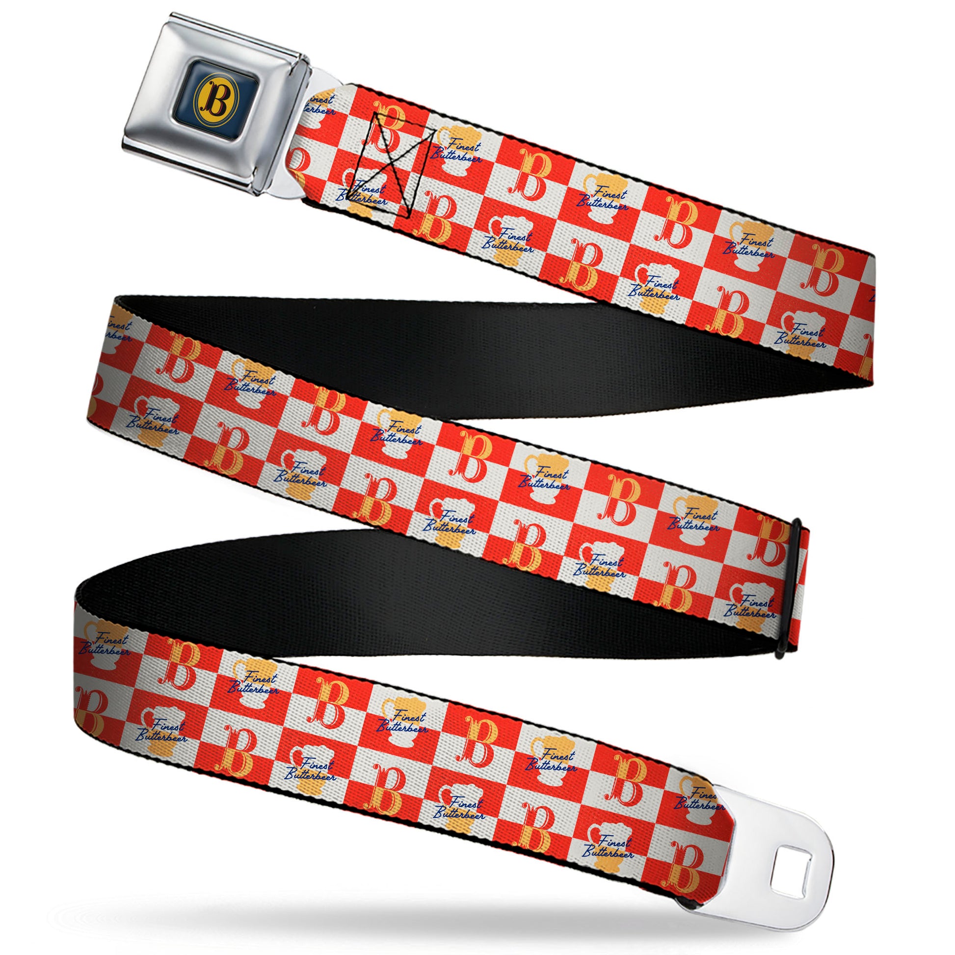 Harry Potter Butterbeer Logo Full Color Navy/Yellow Seatbelt Belt - HARRY POTTER FINEST BUTTERBEER Logo and Mug Checker Red/White/Yellow Webbing Seatbelt Belts Harry Potter