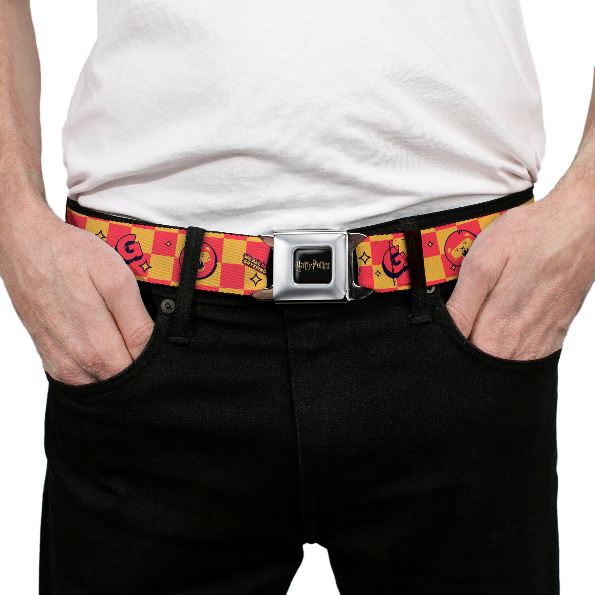 HARRY POTTER Title Logo Full Color Black Seatbelt Belt - Harry Potter Gryffindor Icons Checker Yellow/Red Webbing Seatbelt Belts Harry Potter