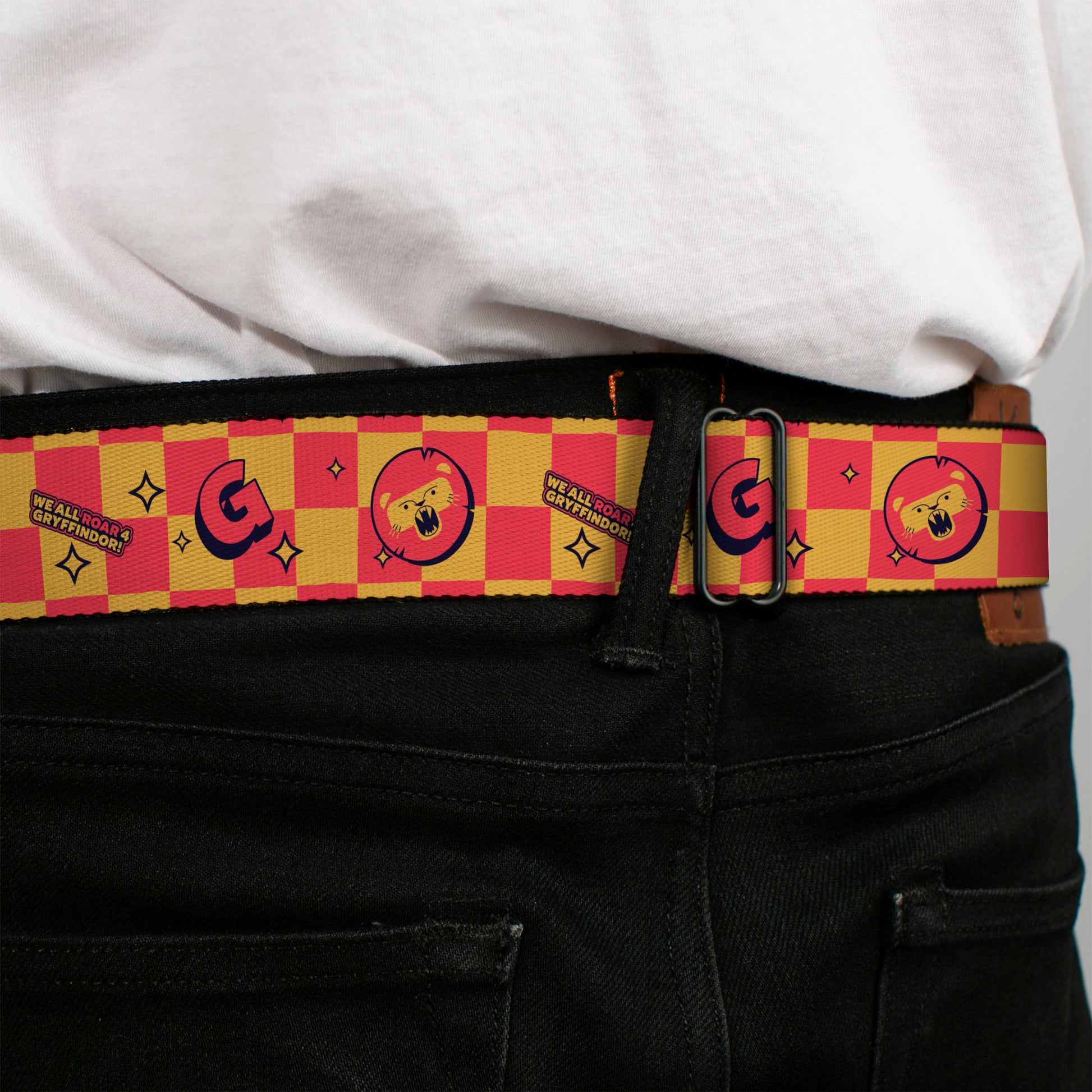HARRY POTTER Title Logo Full Color Black Seatbelt Belt - Harry Potter Gryffindor Icons Checker Yellow/Red Webbing Seatbelt Belts Harry Potter