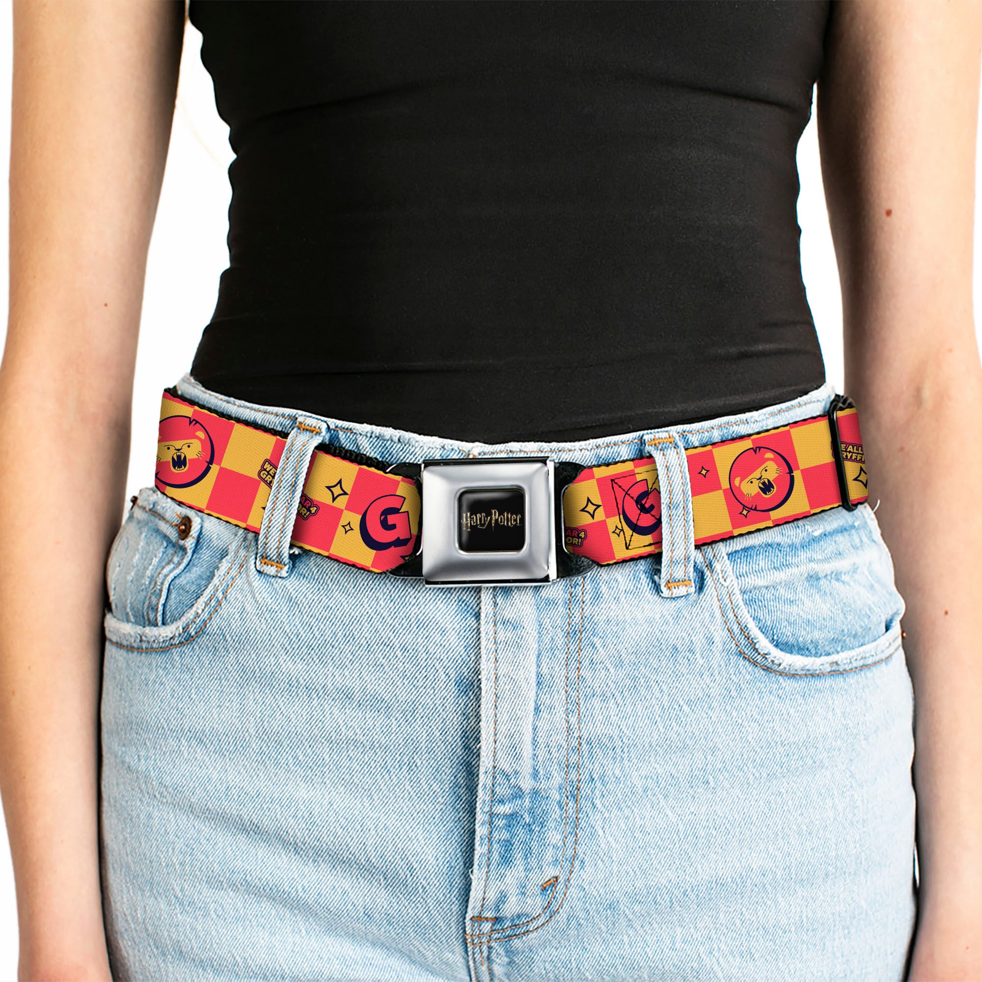 HARRY POTTER Title Logo Full Color Black Seatbelt Belt - Harry Potter Gryffindor Icons Checker Yellow/Red Webbing Seatbelt Belts Harry Potter