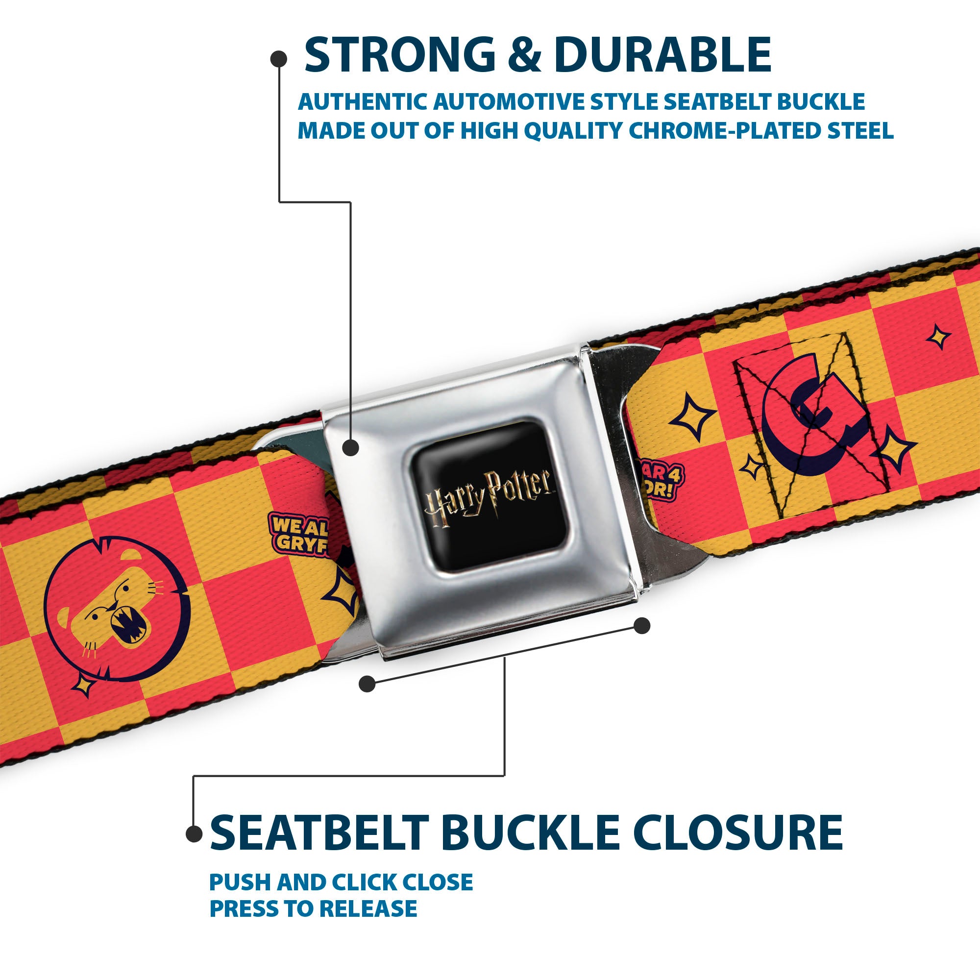 HARRY POTTER Title Logo Full Color Black Seatbelt Belt - Harry Potter Gryffindor Icons Checker Yellow/Red Webbing Seatbelt Belts Harry Potter
