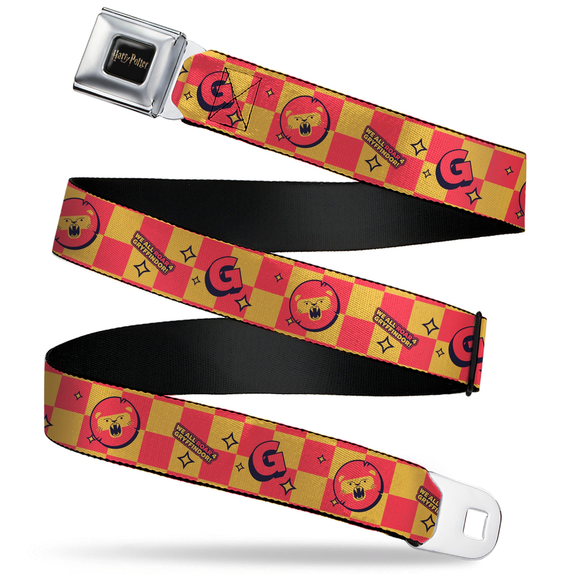 HARRY POTTER Title Logo Full Color Black Seatbelt Belt - Harry Potter Gryffindor Icons Checker Yellow/Red Webbing Seatbelt Belts Harry Potter