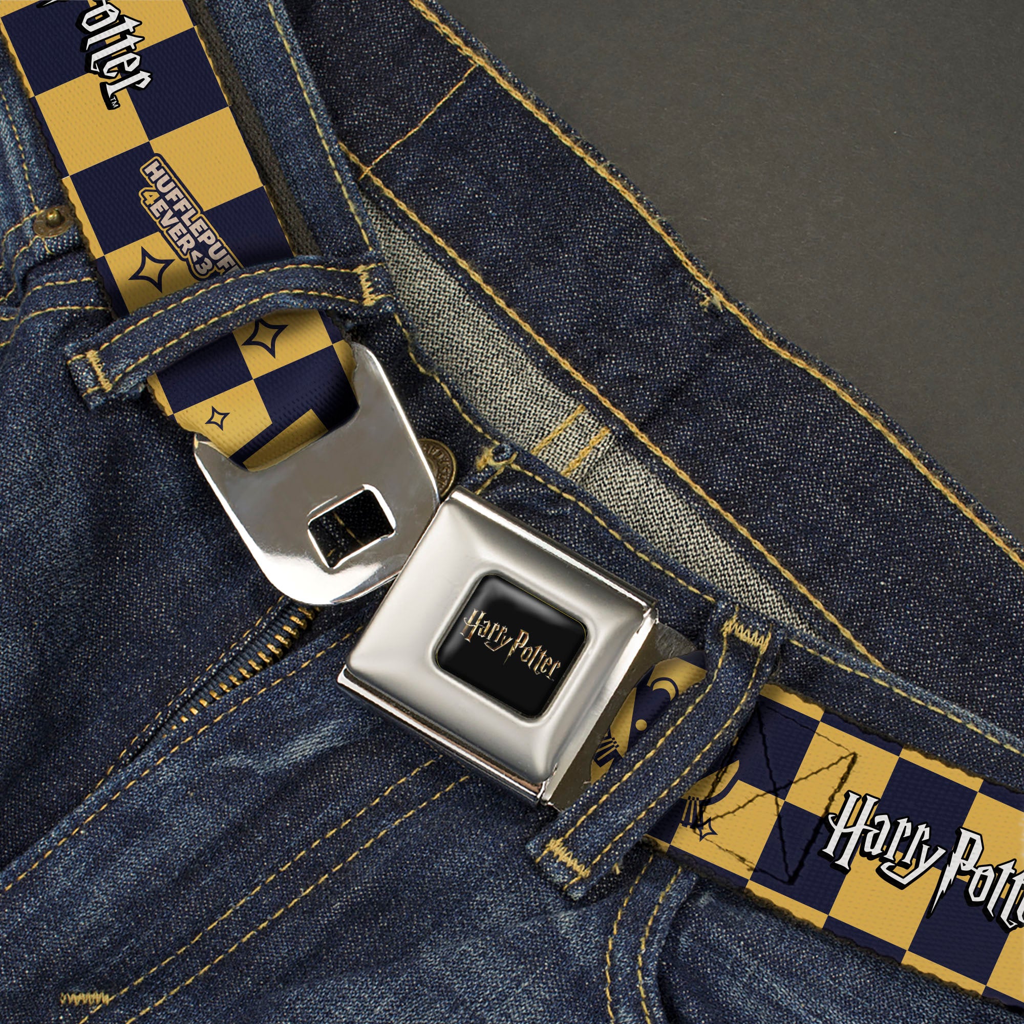 HARRY POTTER Title Logo Full Color Black Seatbelt Belt - Harry Potter Hufflepuff Icons Checker Yellow/Navy Webbing Seatbelt Belts Harry Potter