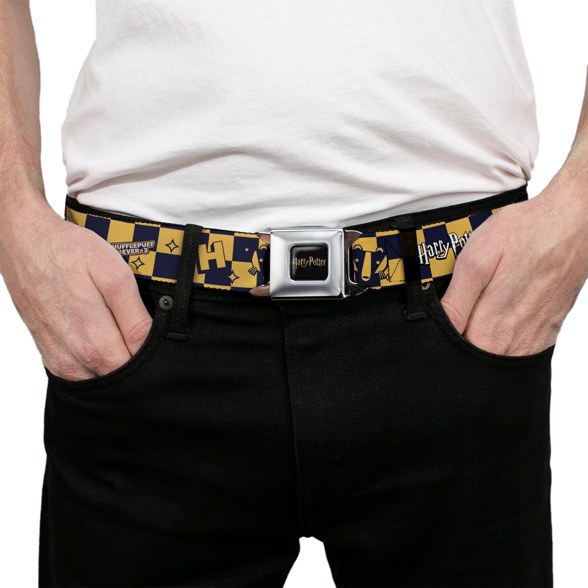 HARRY POTTER Title Logo Full Color Black Seatbelt Belt - Harry Potter Hufflepuff Icons Checker Yellow/Navy Webbing Seatbelt Belts Harry Potter