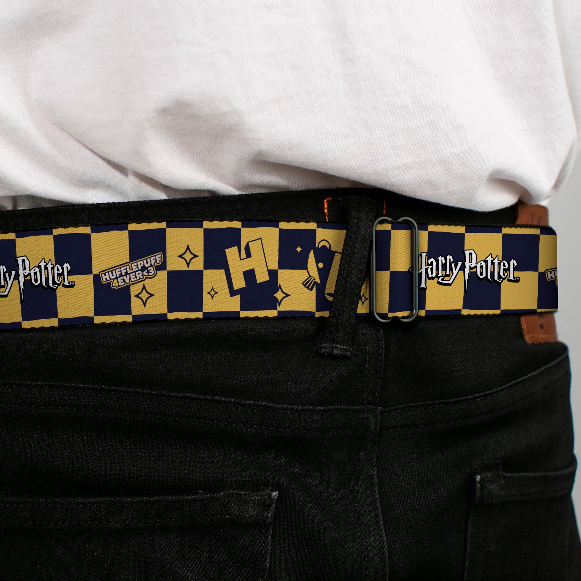 HARRY POTTER Title Logo Full Color Black Seatbelt Belt - Harry Potter Hufflepuff Icons Checker Yellow/Navy Webbing Seatbelt Belts Harry Potter