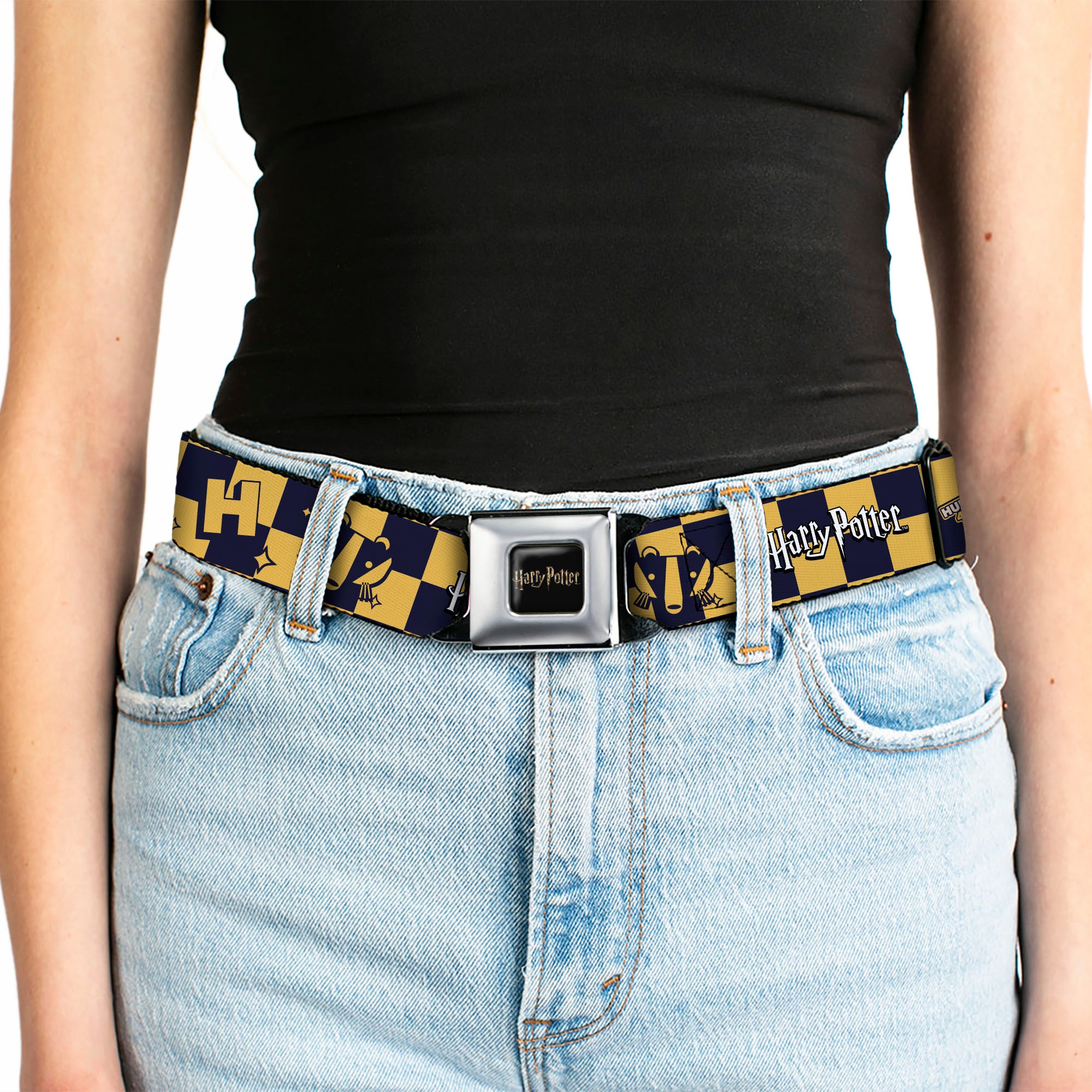 HARRY POTTER Title Logo Full Color Black Seatbelt Belt - Harry Potter Hufflepuff Icons Checker Yellow/Navy Webbing Seatbelt Belts Harry Potter