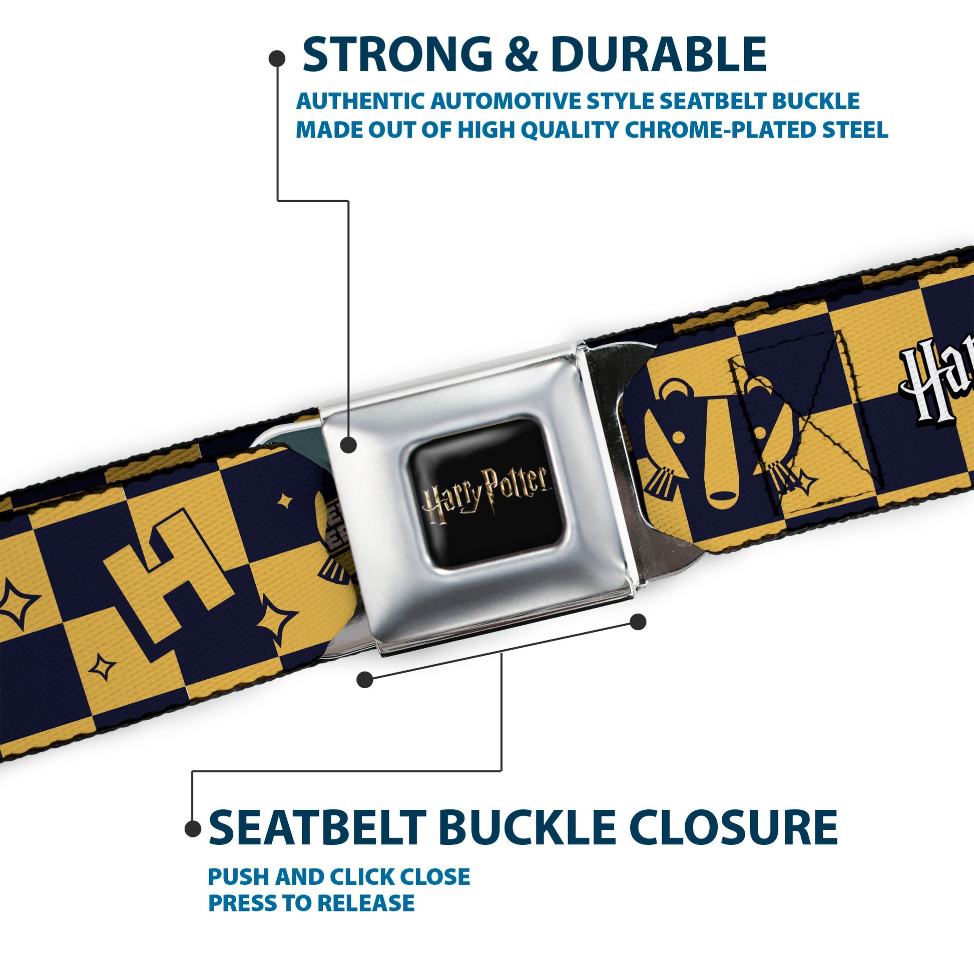 HARRY POTTER Title Logo Full Color Black Seatbelt Belt - Harry Potter Hufflepuff Icons Checker Yellow/Navy Webbing Seatbelt Belts Harry Potter