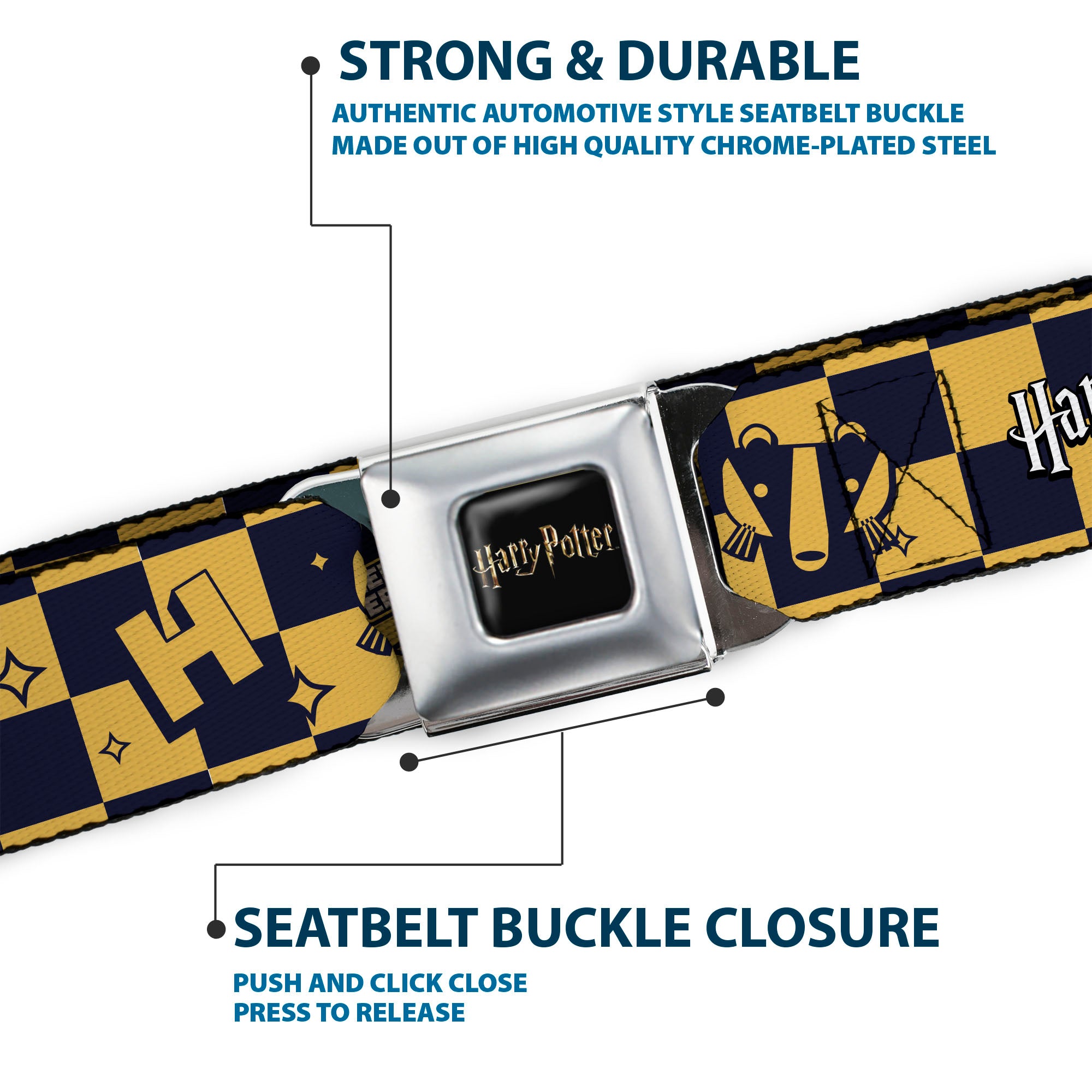 HARRY POTTER Title Logo Full Color Black Seatbelt Belt - Harry Potter Hufflepuff Icons Checker Yellow/Navy Webbing Seatbelt Belts Harry Potter