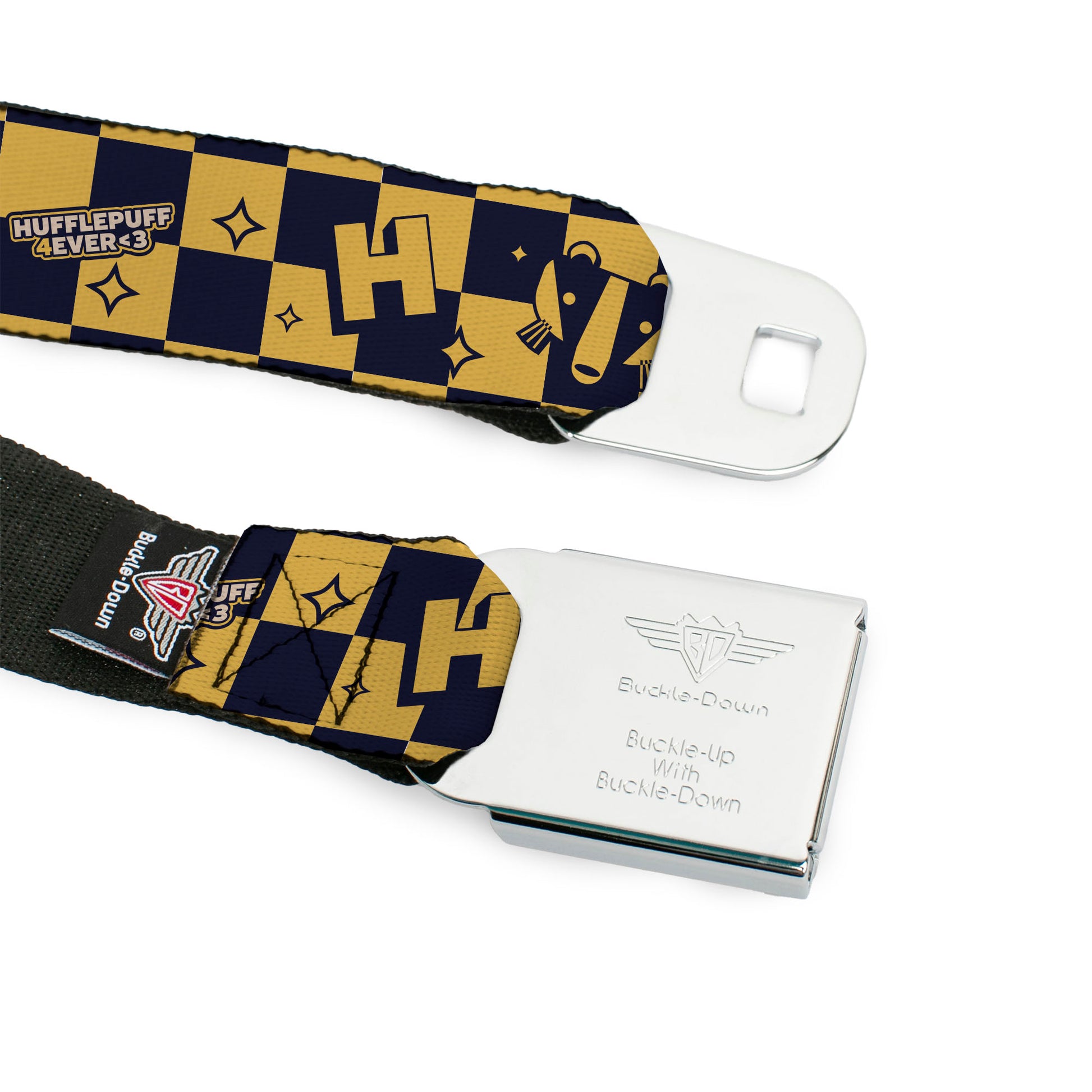 HARRY POTTER Title Logo Full Color Black Seatbelt Belt - Harry Potter Hufflepuff Icons Checker Yellow/Navy Webbing Seatbelt Belts Harry Potter