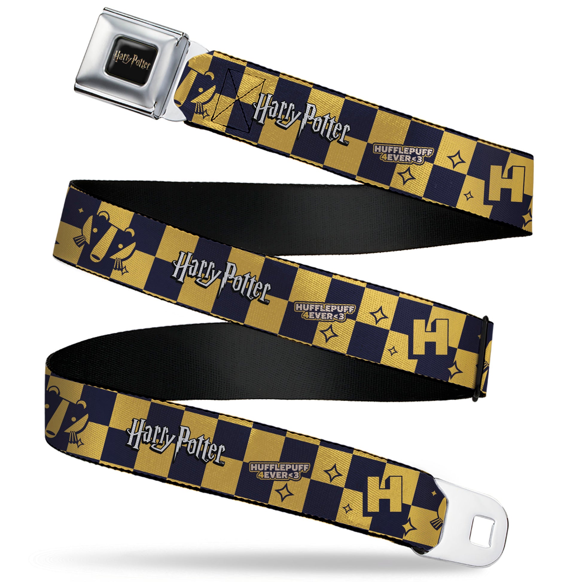 HARRY POTTER Title Logo Full Color Black Seatbelt Belt - Harry Potter Hufflepuff Icons Checker Yellow/Navy Webbing Seatbelt Belts Harry Potter
