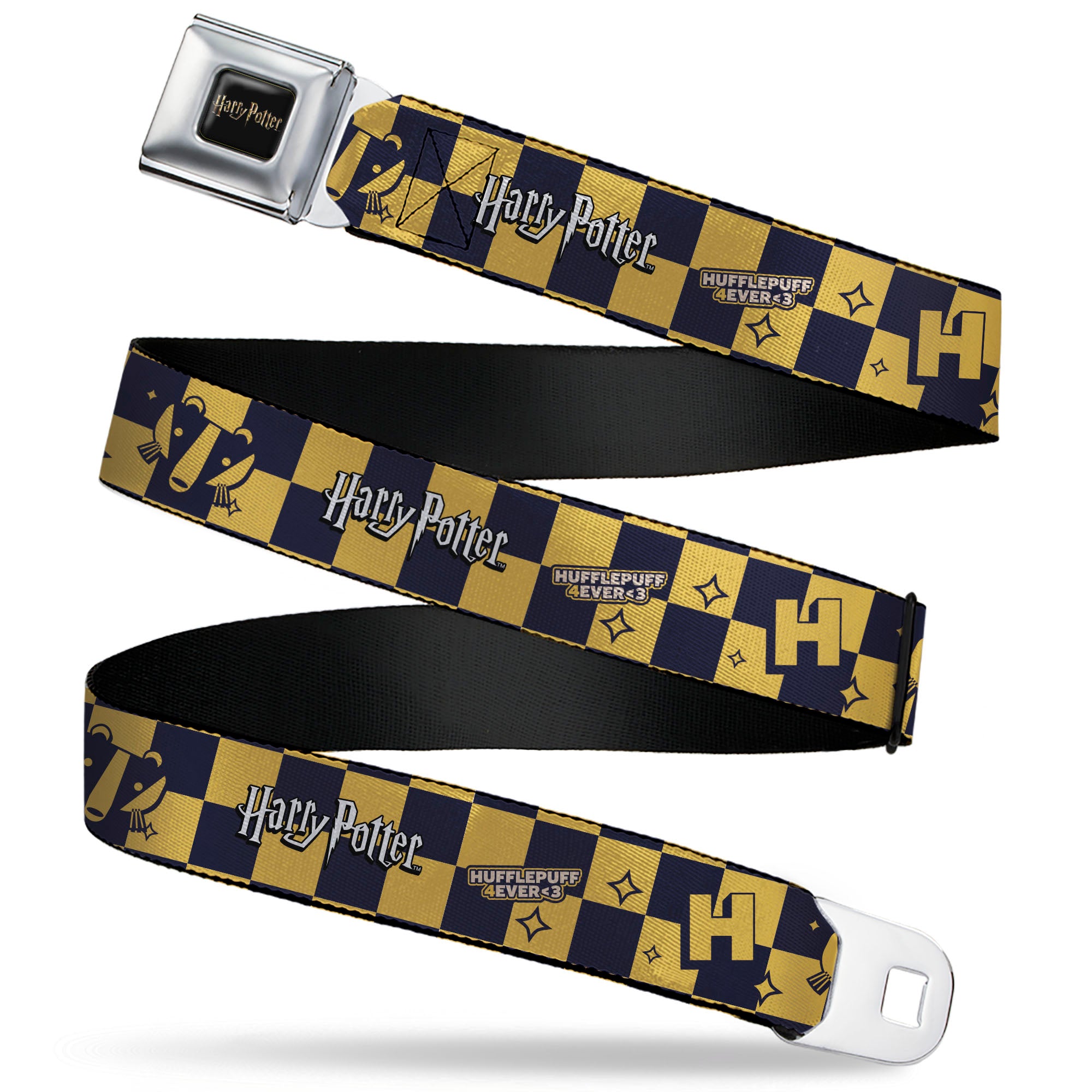 HARRY POTTER Title Logo Full Color Black Seatbelt Belt - Harry Potter Hufflepuff Icons Checker Yellow/Navy Webbing Seatbelt Belts Harry Potter