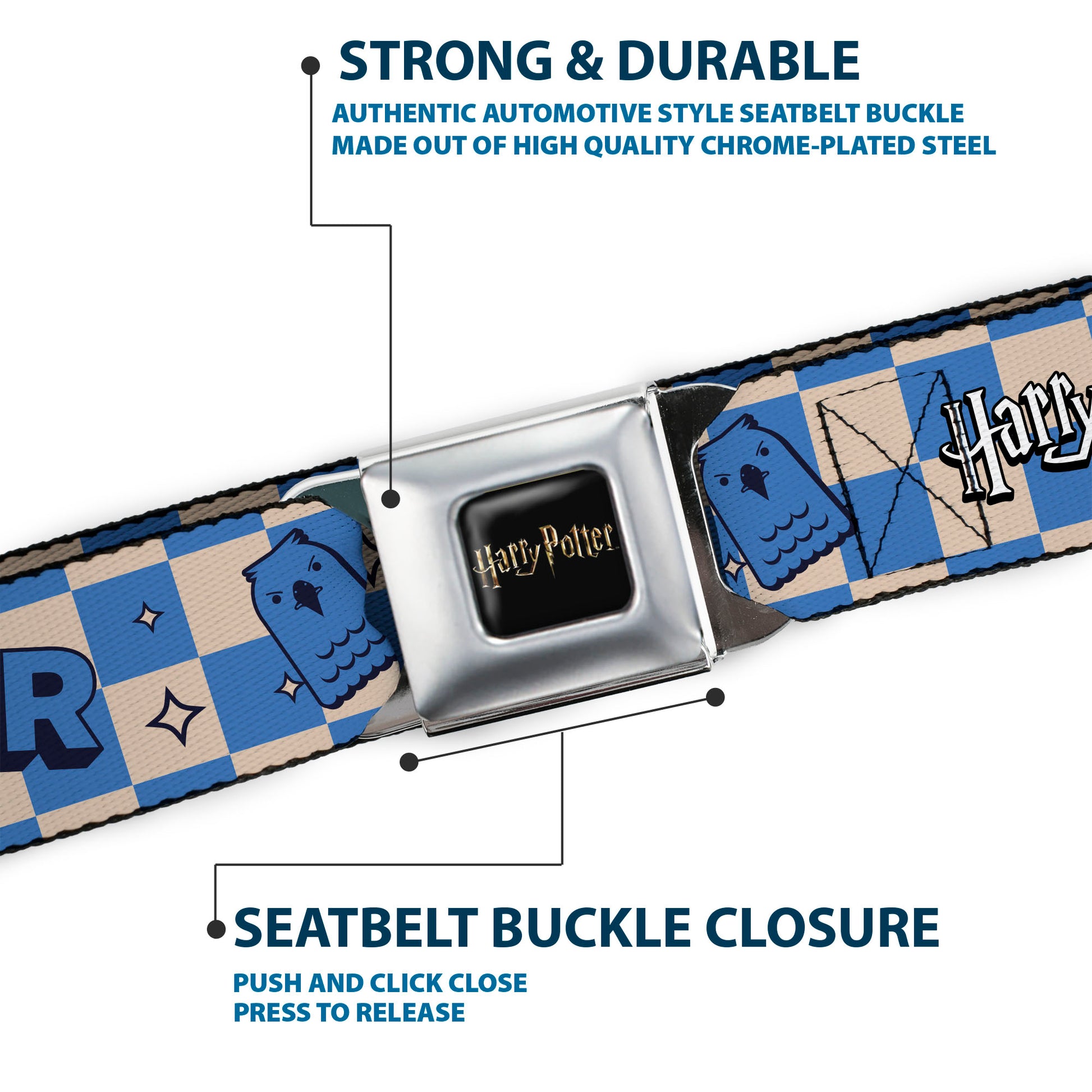 HARRY POTTER Title Logo Full Color Black Seatbelt Belt - Harry Potter Ravenclaw Icons Checker White/Blue Webbing Seatbelt Belts Harry Potter