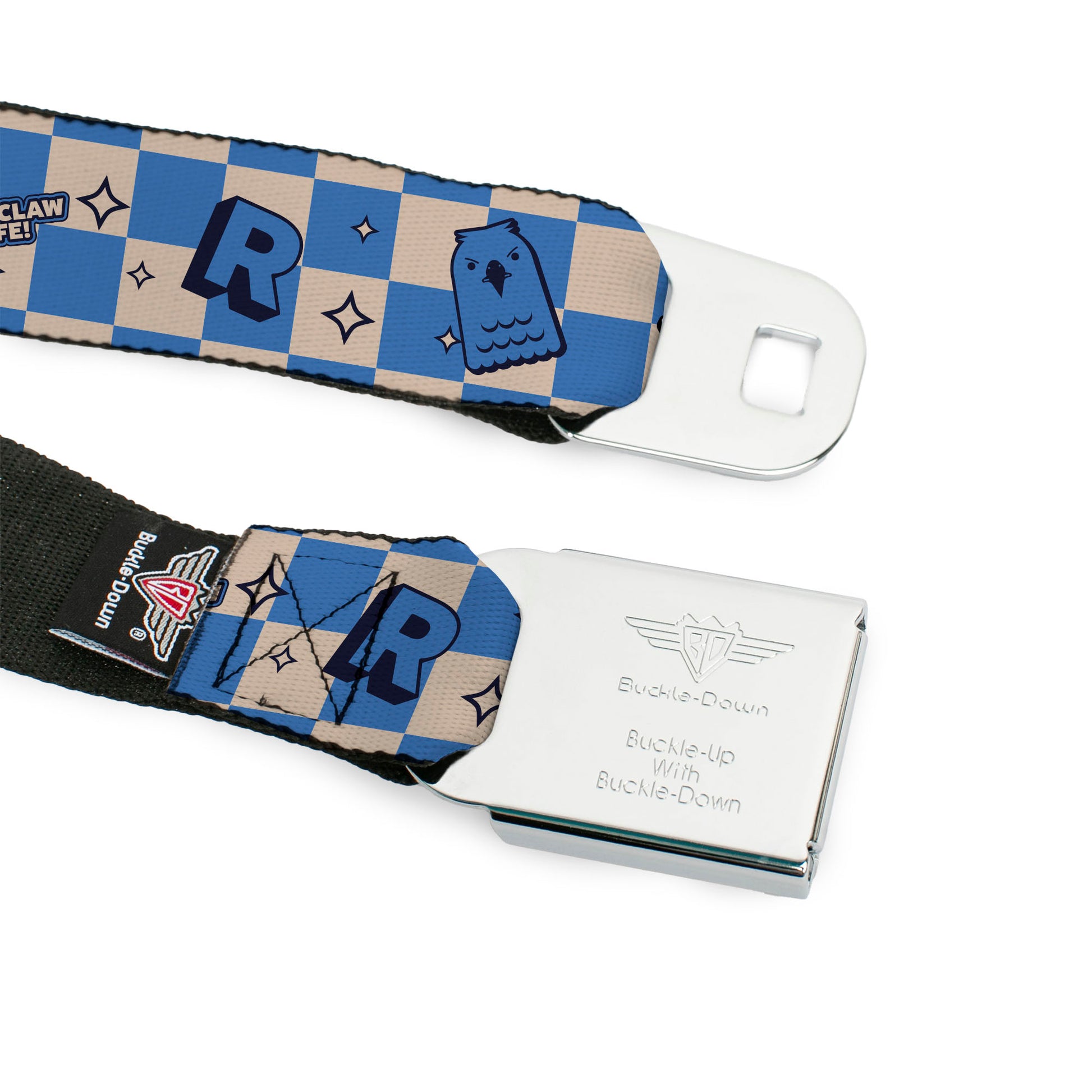 HARRY POTTER Title Logo Full Color Black Seatbelt Belt - Harry Potter Ravenclaw Icons Checker White/Blue Webbing Seatbelt Belts Harry Potter