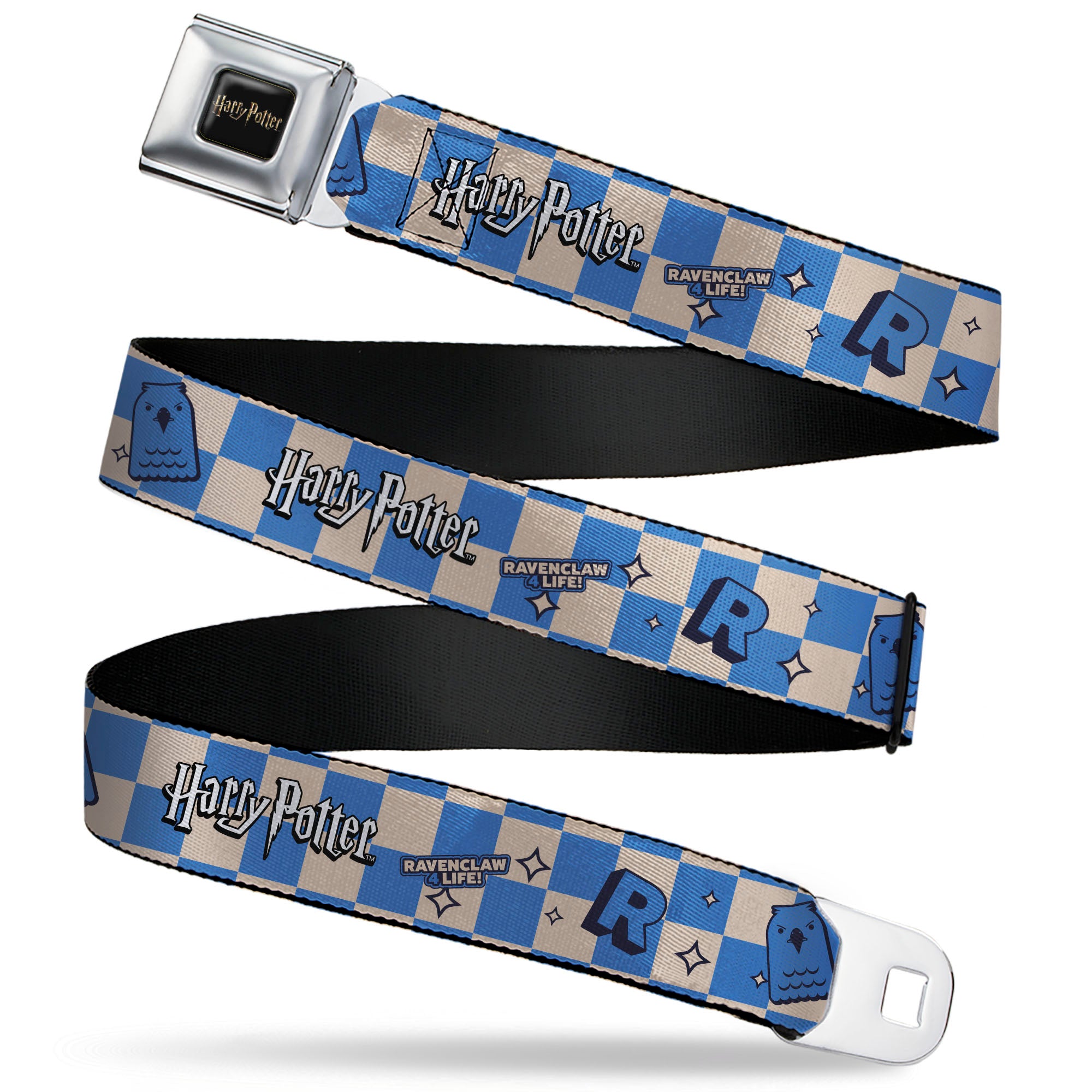 HARRY POTTER Title Logo Full Color Black Seatbelt Belt - Harry Potter Ravenclaw Icons Checker White/Blue Webbing Seatbelt Belts Harry Potter