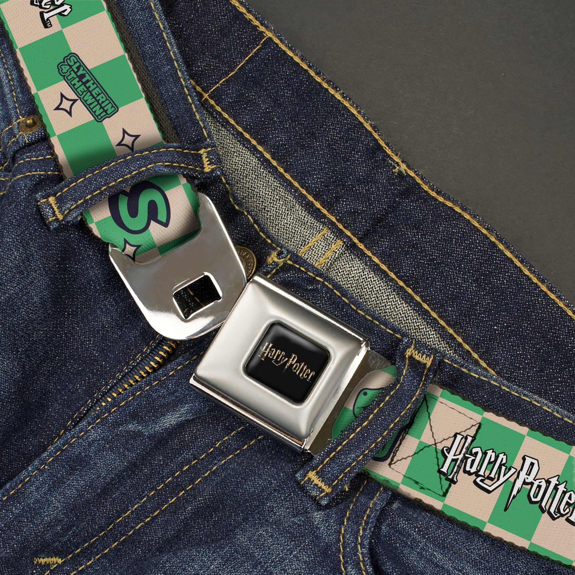 HARRY POTTER Title Logo Full Color Black Seatbelt Belt - Harry Potter Slytherin Icons Checker Cream/Mint Webbing Seatbelt Belts Harry Potter