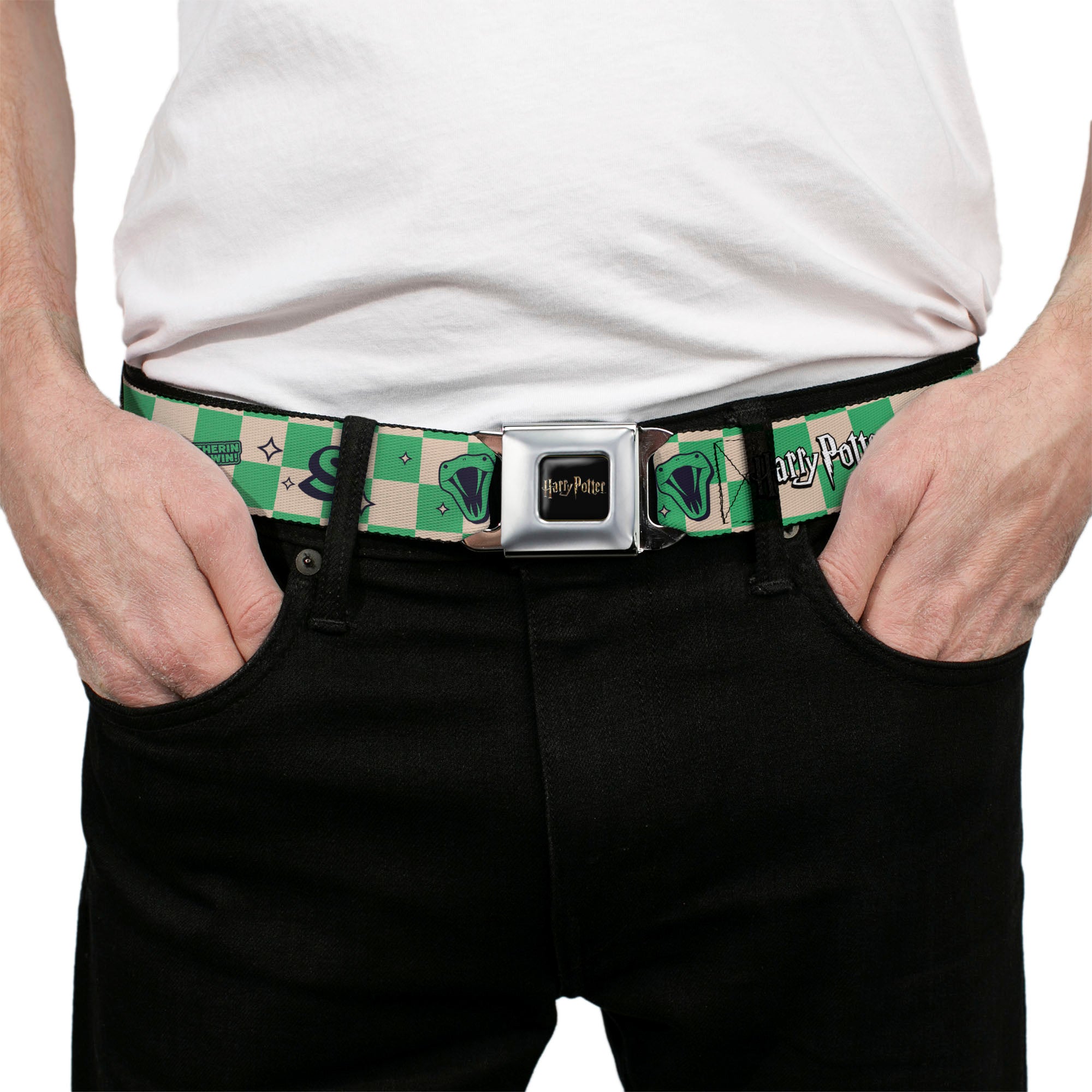 HARRY POTTER Title Logo Full Color Black Seatbelt Belt - Harry Potter Slytherin Icons Checker Cream/Mint Webbing Seatbelt Belts Harry Potter