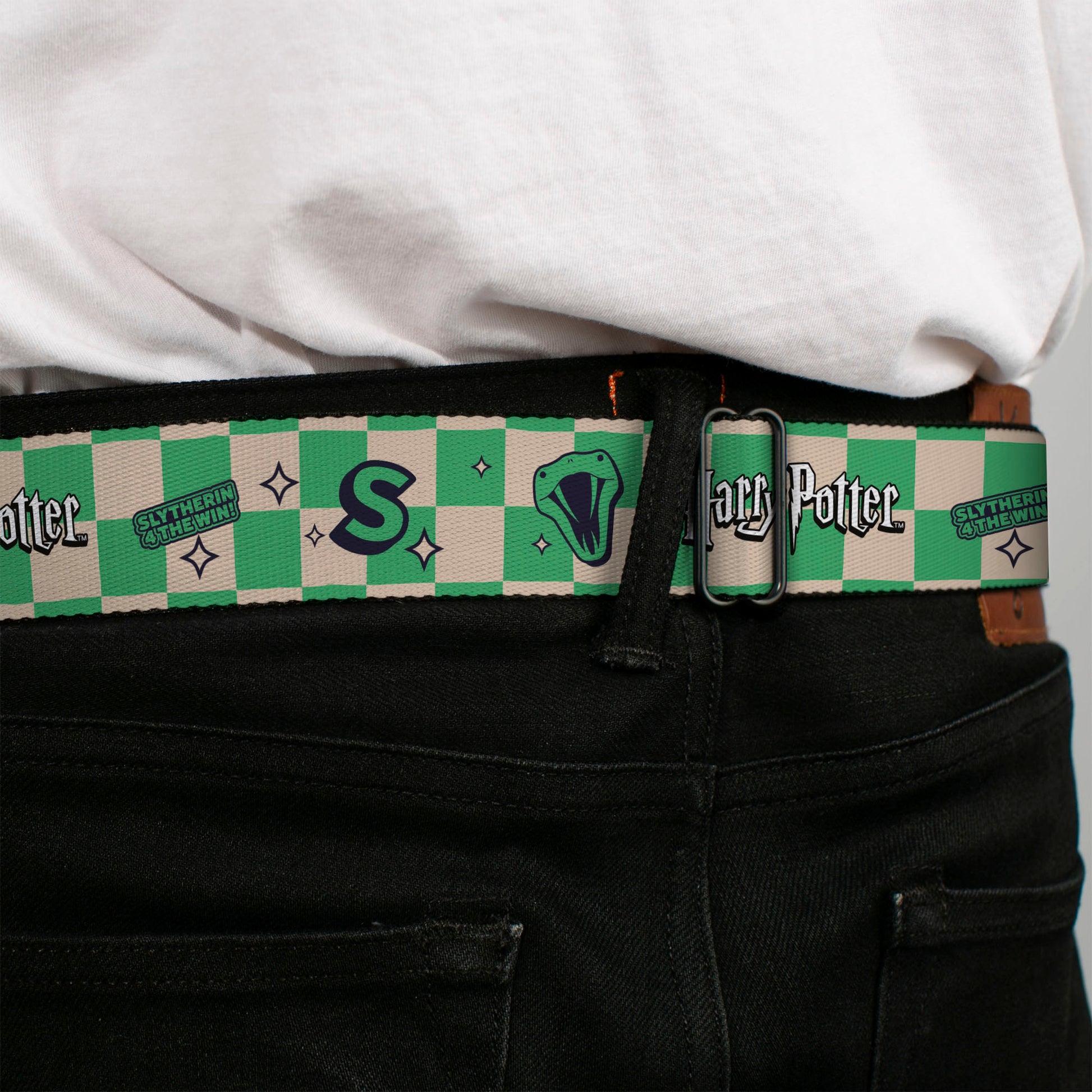 HARRY POTTER Title Logo Full Color Black Seatbelt Belt - Harry Potter Slytherin Icons Checker Cream/Mint Webbing Seatbelt Belts Harry Potter