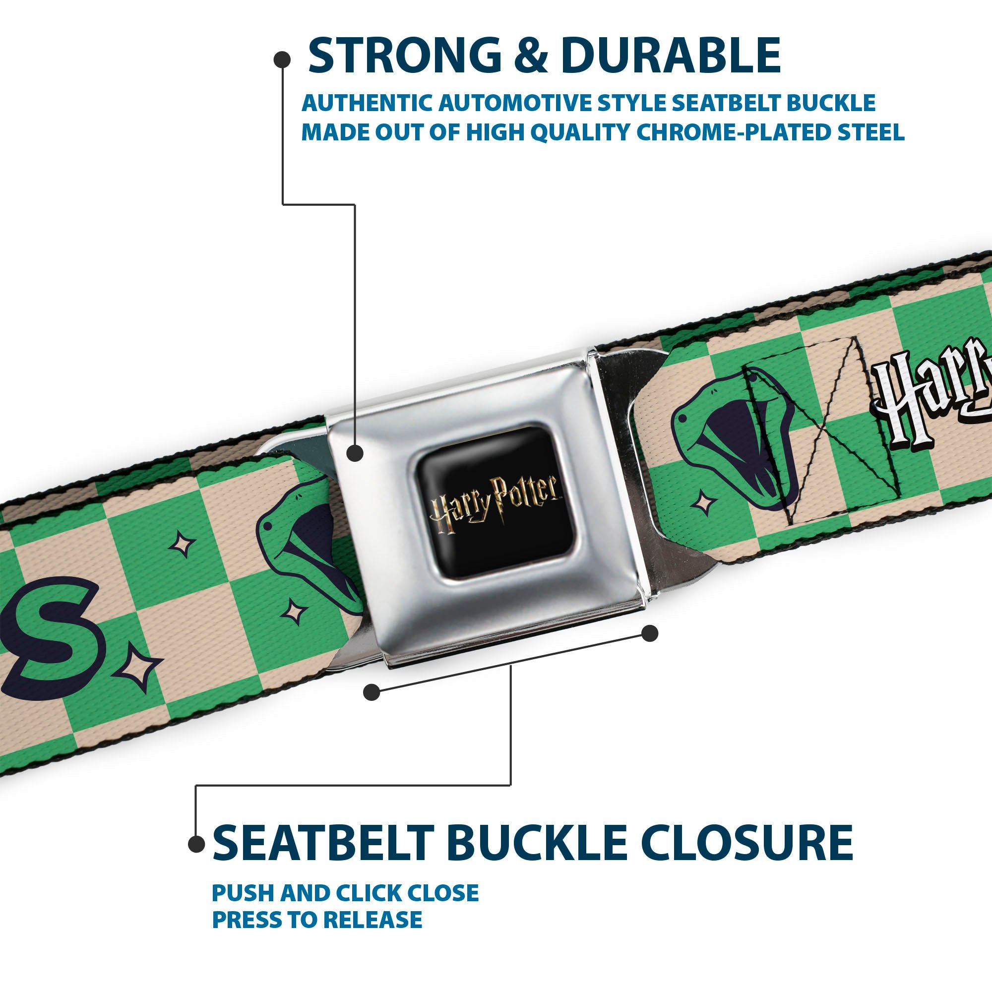 HARRY POTTER Title Logo Full Color Black Seatbelt Belt - Harry Potter Slytherin Icons Checker Cream/Mint Webbing Seatbelt Belts Harry Potter
