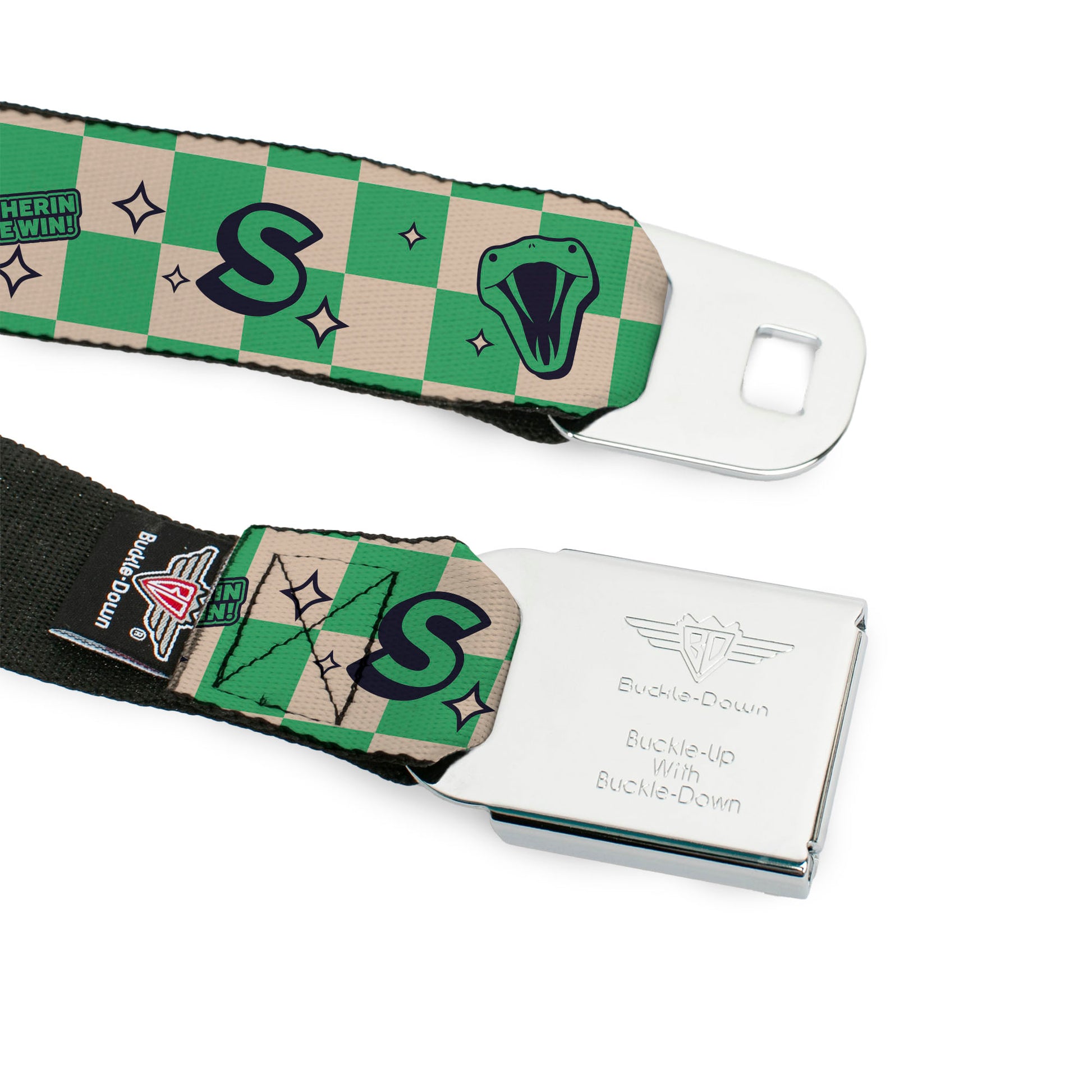 HARRY POTTER Title Logo Full Color Black Seatbelt Belt - Harry Potter Slytherin Icons Checker Cream/Mint Webbing Seatbelt Belts Harry Potter