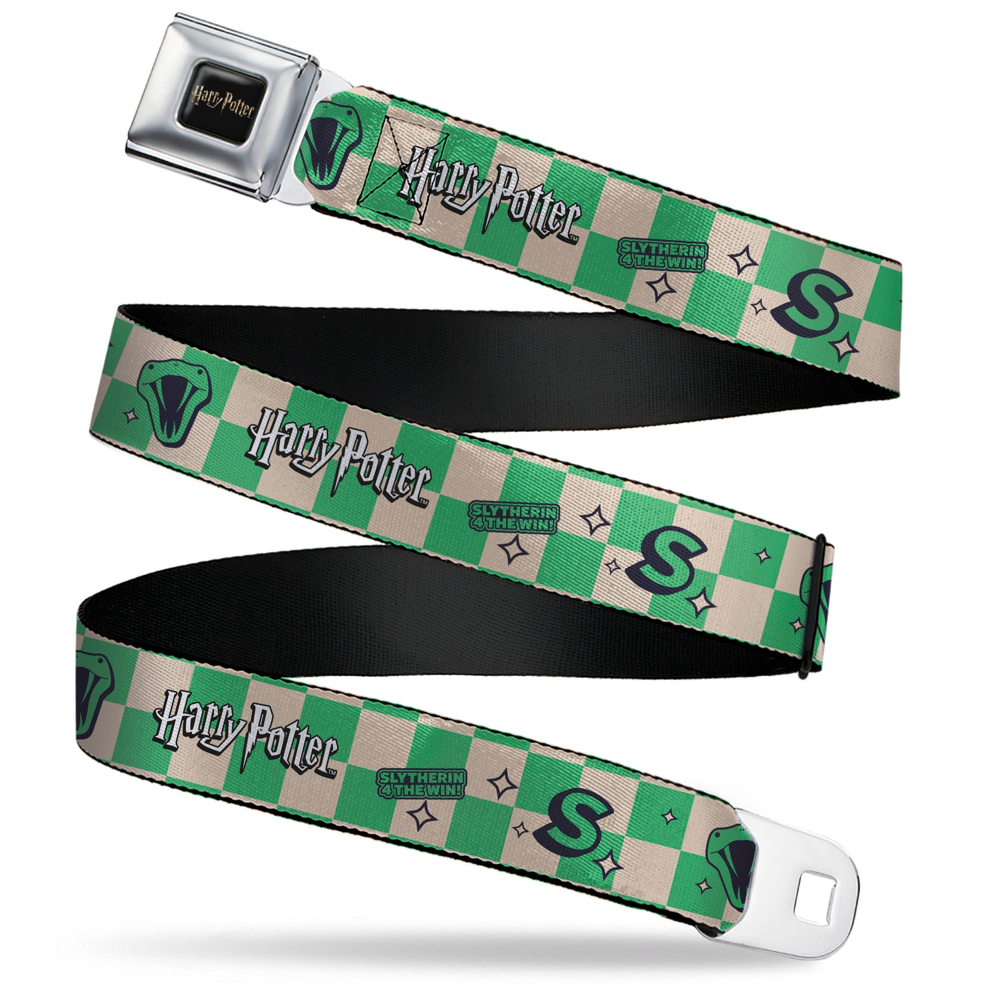 HARRY POTTER Title Logo Full Color Black Seatbelt Belt - Harry Potter Slytherin Icons Checker Cream/Mint Webbing Seatbelt Belts Harry Potter
