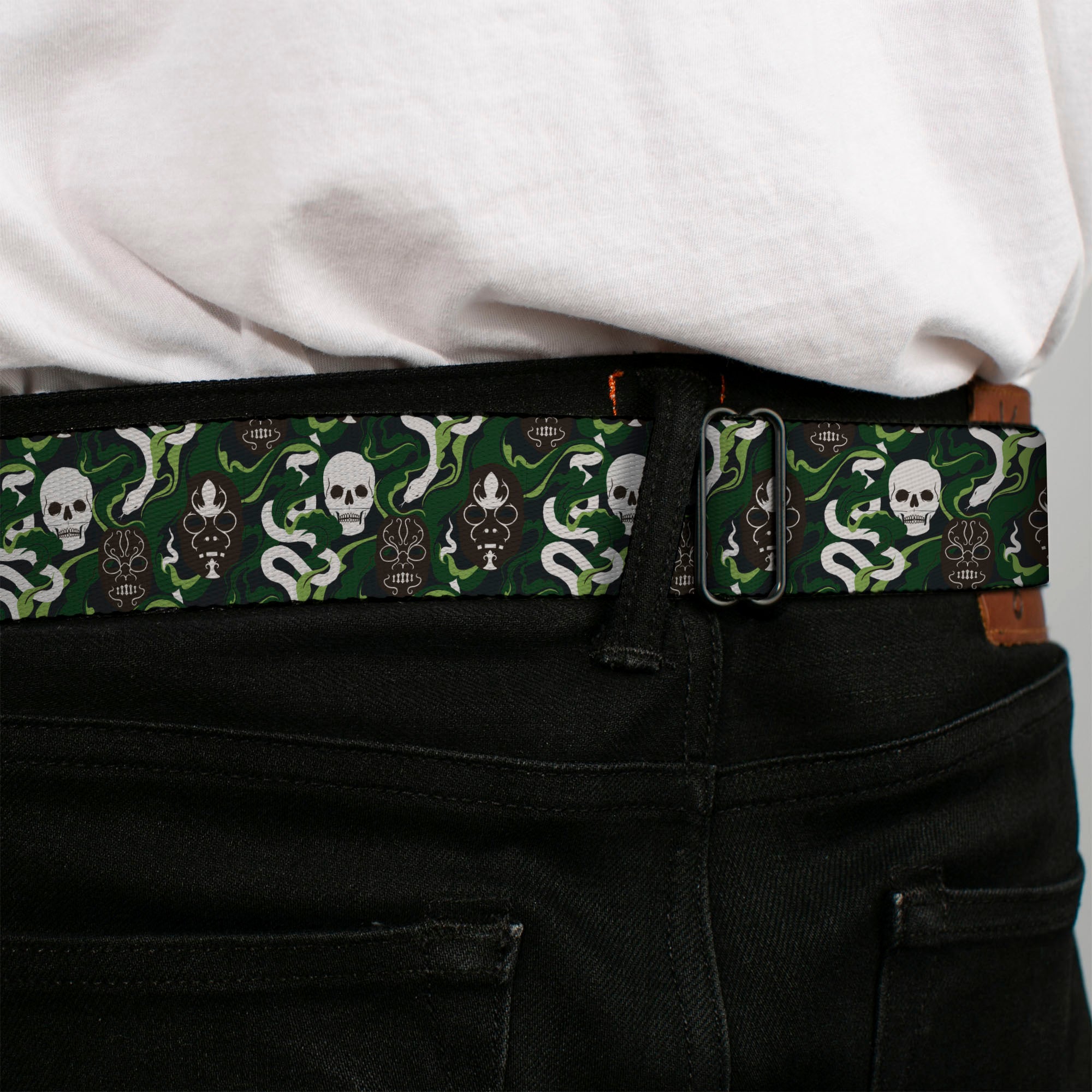 HARRY POTTER Title Logo Full Color Black Seatbelt Belt - HARRY POTTER Slytherin Camo and Title Logo Greens Webbing Seatbelt Belts Harry Potter