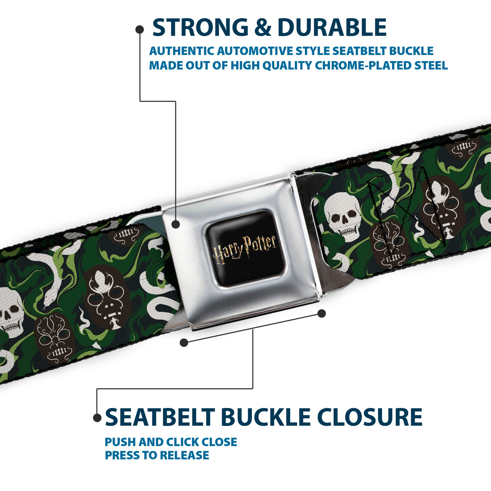 HARRY POTTER Title Logo Full Color Black Seatbelt Belt - HARRY POTTER Slytherin Camo and Title Logo Greens Webbing Seatbelt Belts Harry Potter