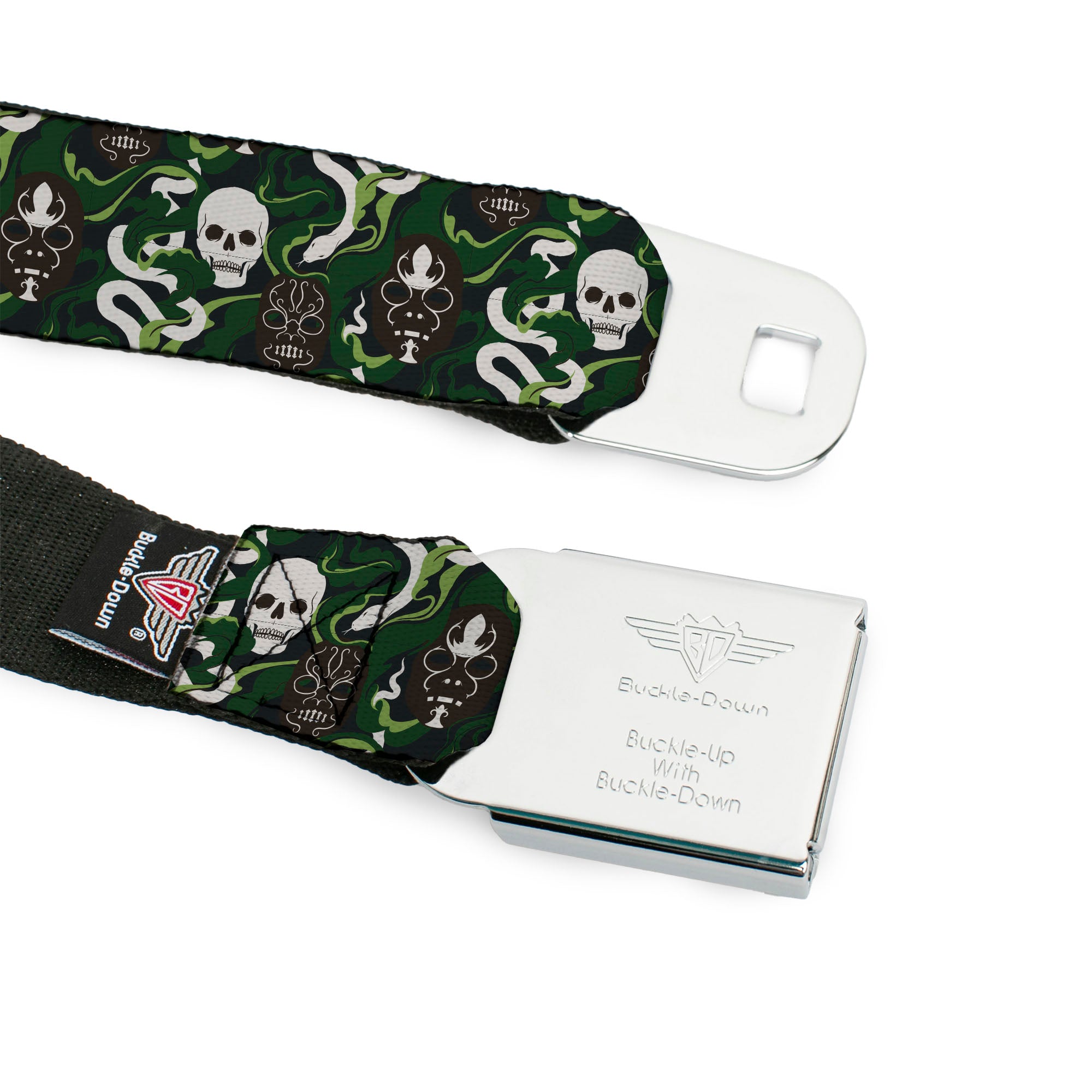 HARRY POTTER Title Logo Full Color Black Seatbelt Belt - HARRY POTTER Slytherin Camo and Title Logo Greens Webbing Seatbelt Belts Harry Potter