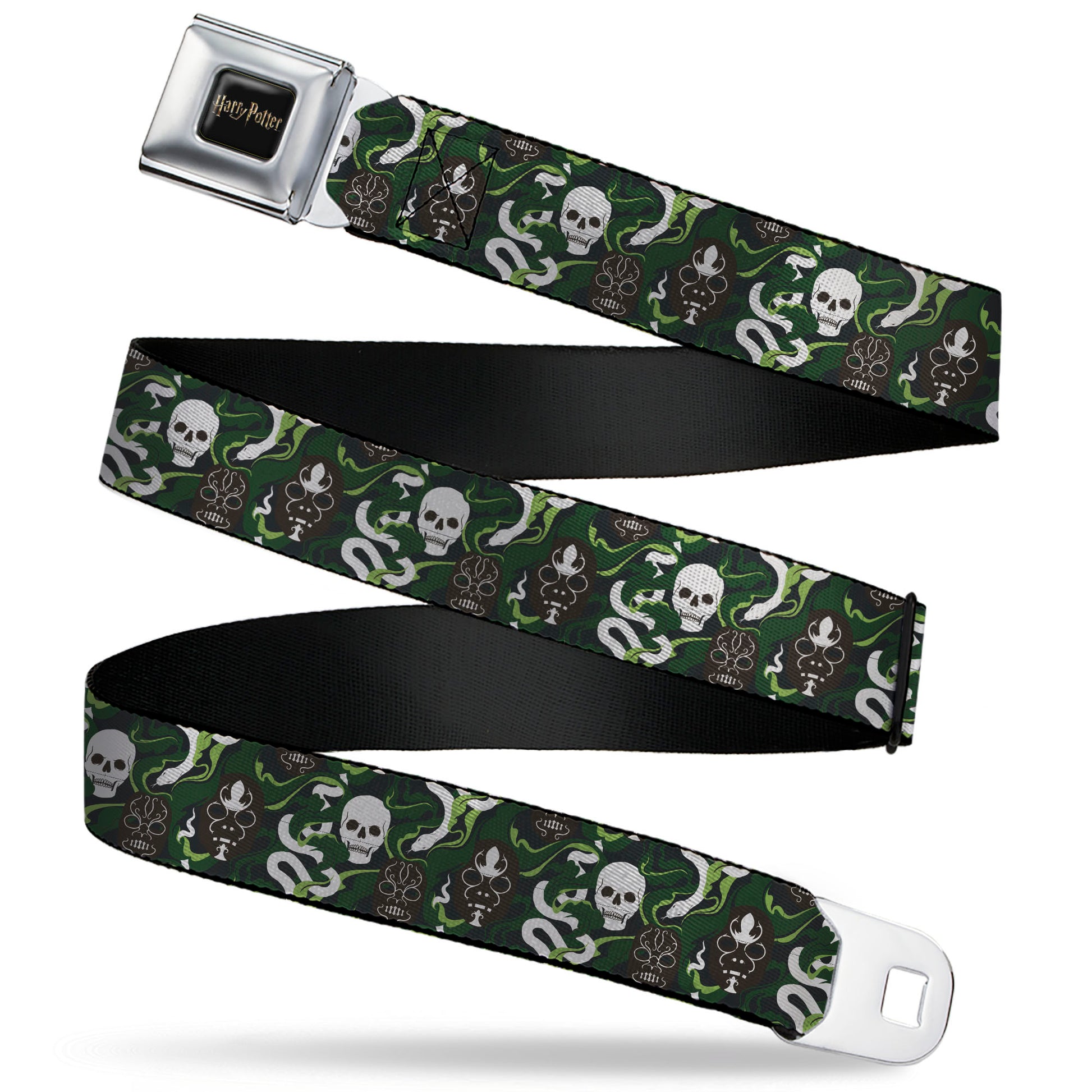 HARRY POTTER Title Logo Full Color Black Seatbelt Belt - HARRY POTTER Slytherin Camo and Title Logo Greens Webbing Seatbelt Belts Harry Potter