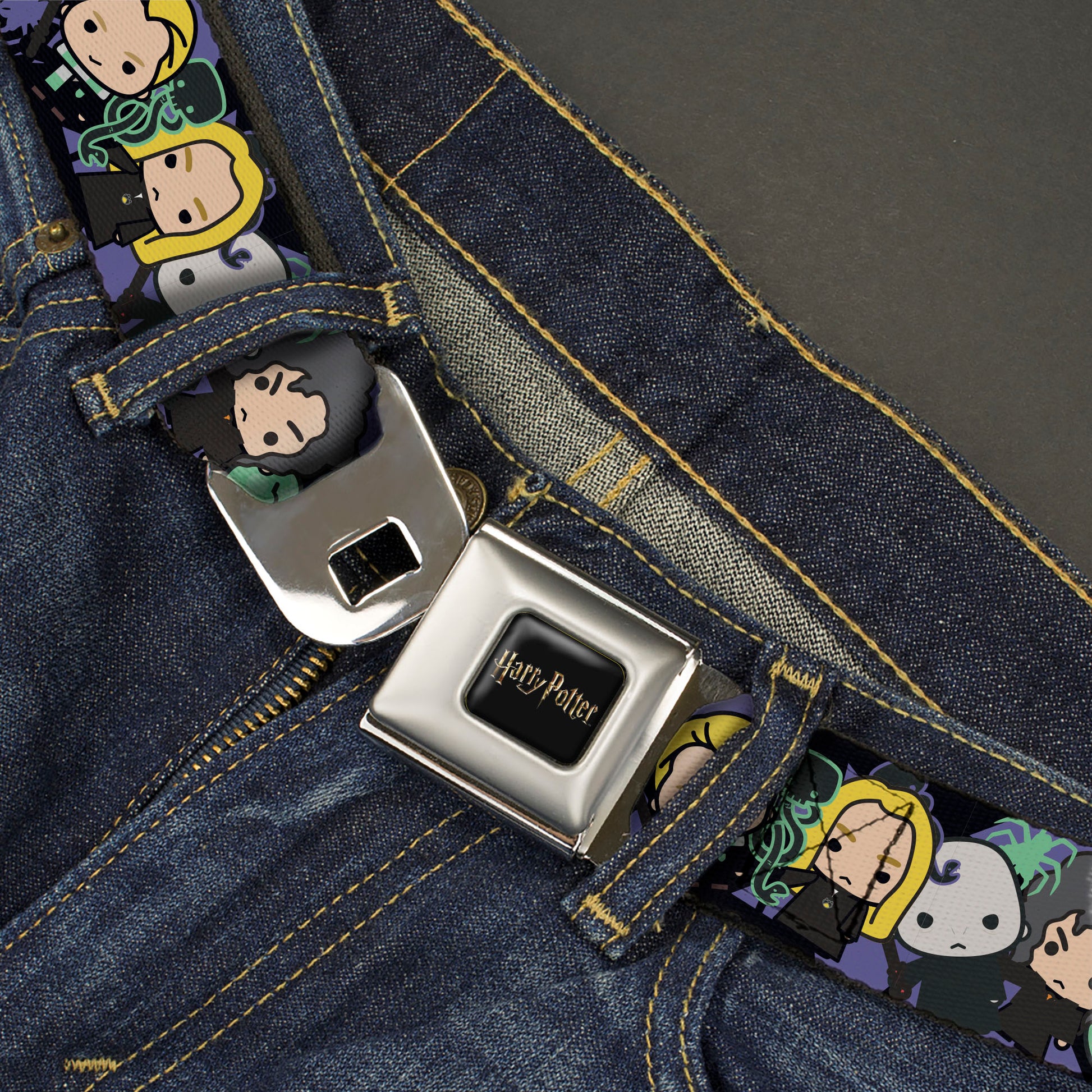HARRY POTTER Title Logo Full Color Black Seatbelt Belt - Harry Potter Chibi Slytherin House Characters and Icons Webbing Seatbelt Belts Harry Potter