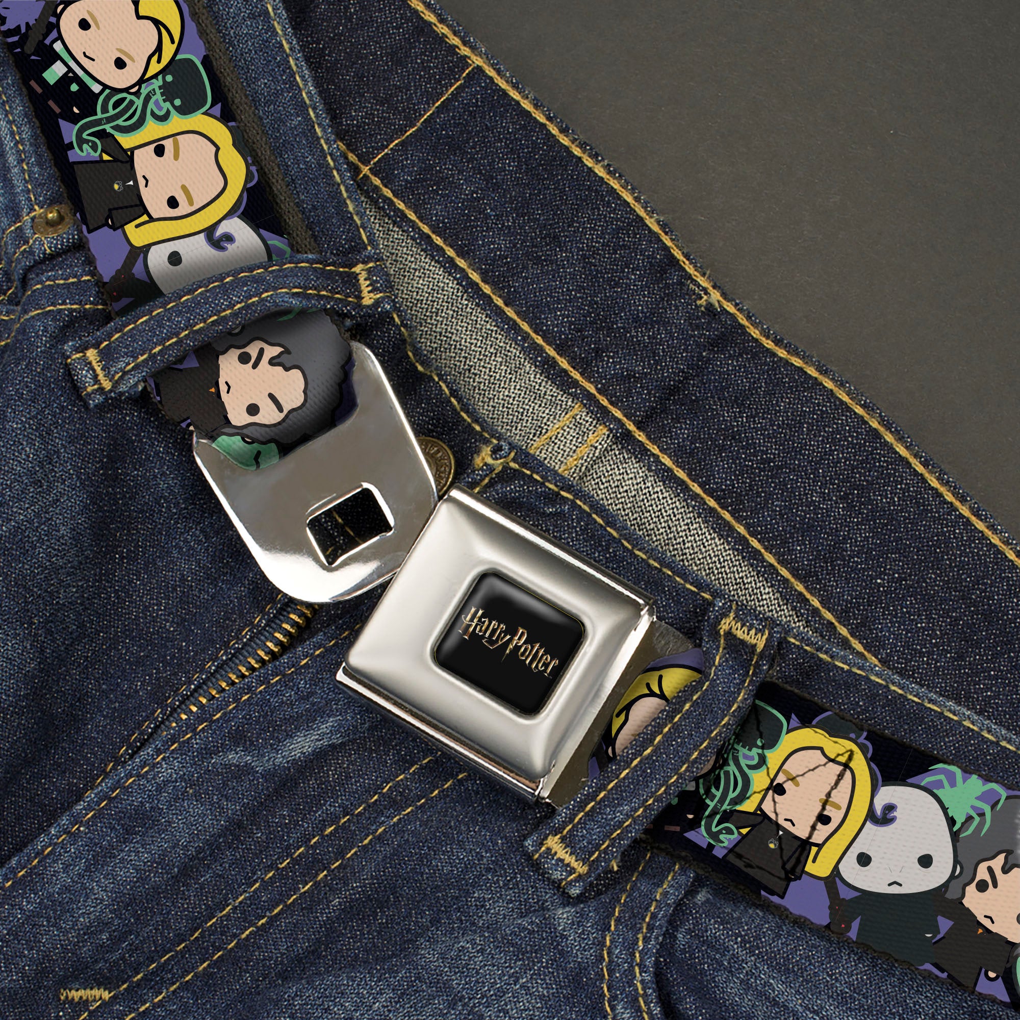 HARRY POTTER Title Logo Full Color Black Seatbelt Belt - Harry Potter Chibi Slytherin House Characters and Icons Webbing Seatbelt Belts Harry Potter