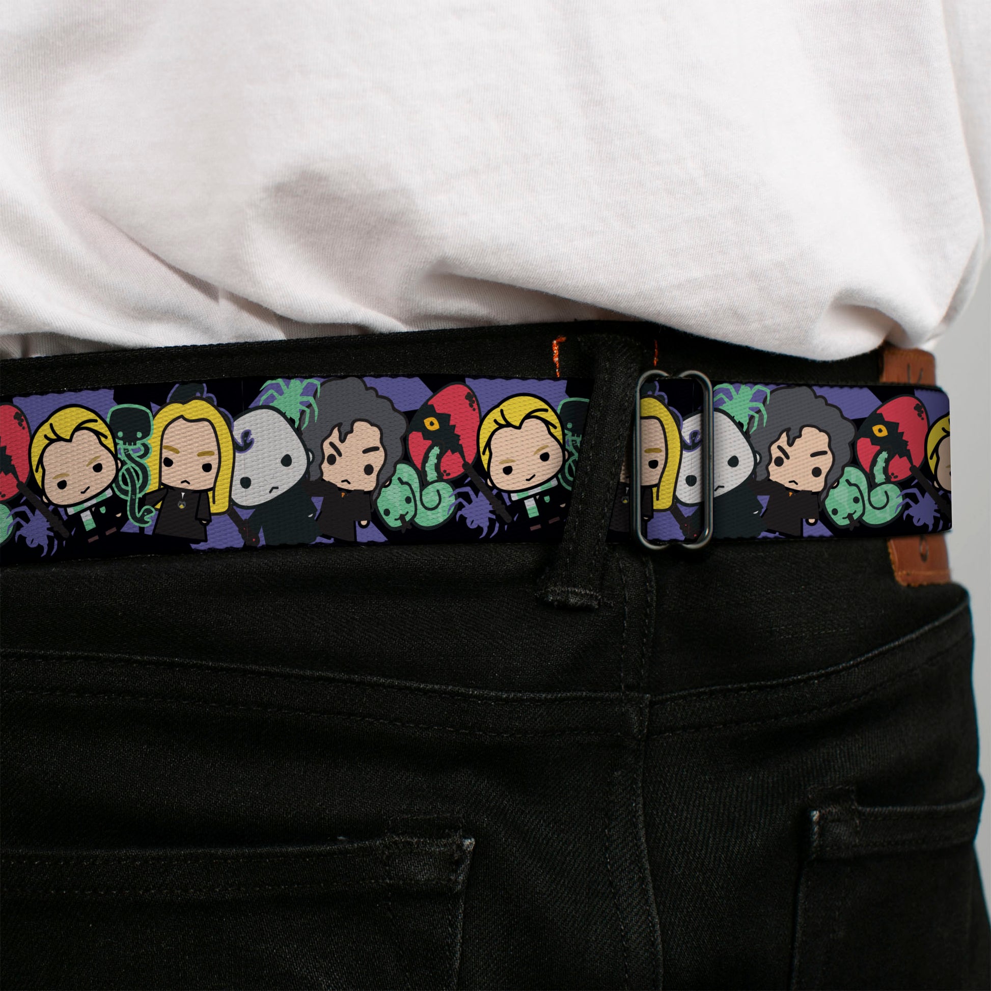 HARRY POTTER Title Logo Full Color Black Seatbelt Belt - Harry Potter Chibi Slytherin House Characters and Icons Webbing Seatbelt Belts Harry Potter