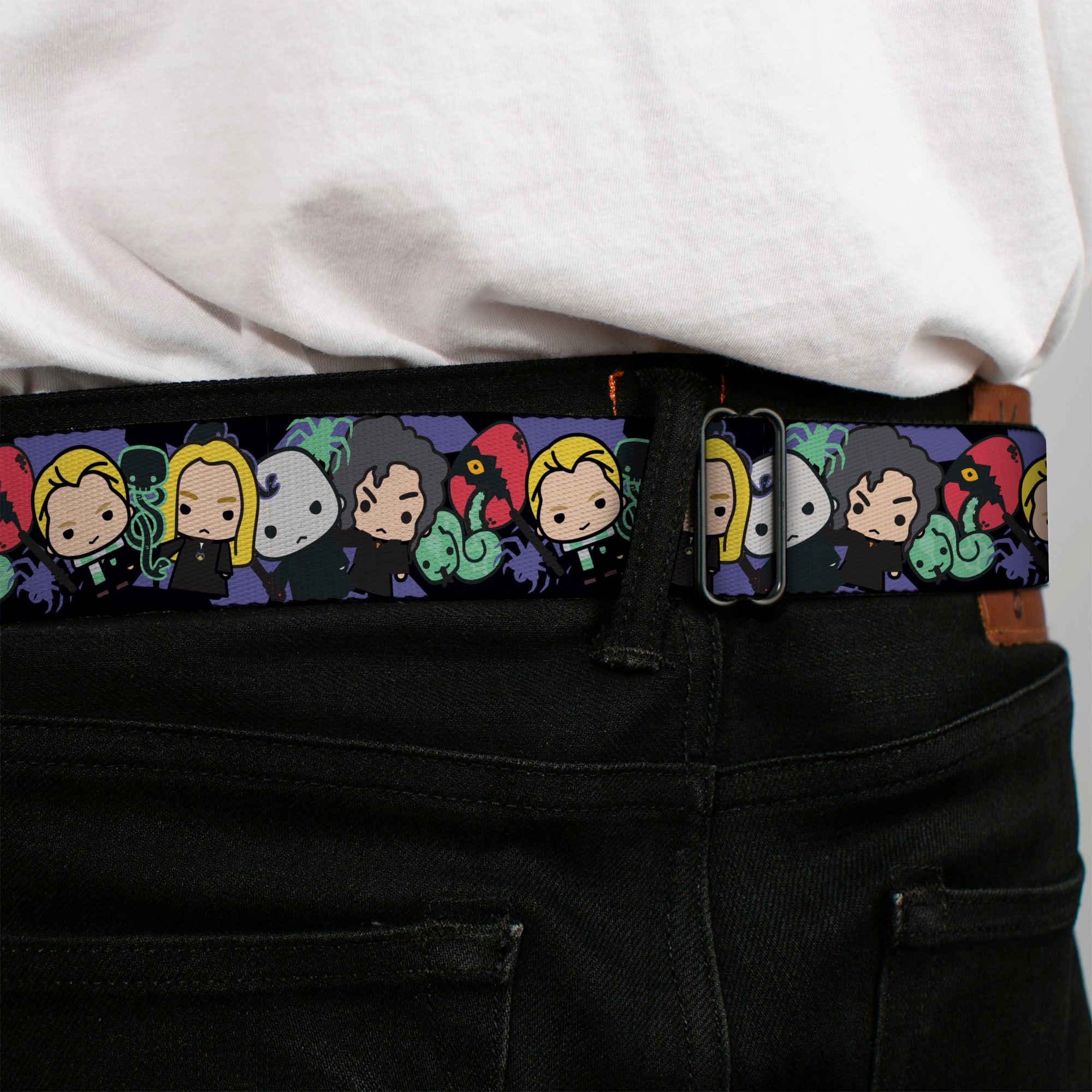HARRY POTTER Title Logo Full Color Black Seatbelt Belt - Harry Potter Chibi Slytherin House Characters and Icons Webbing Seatbelt Belts Harry Potter