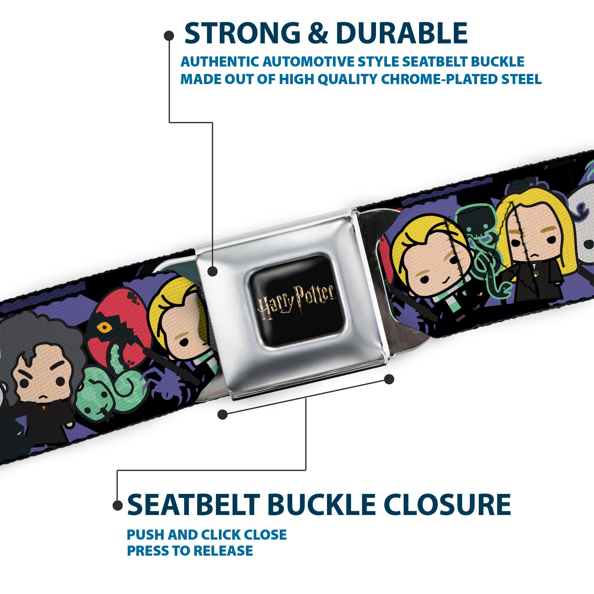 HARRY POTTER Title Logo Full Color Black Seatbelt Belt - Harry Potter Chibi Slytherin House Characters and Icons Webbing Seatbelt Belts Harry Potter