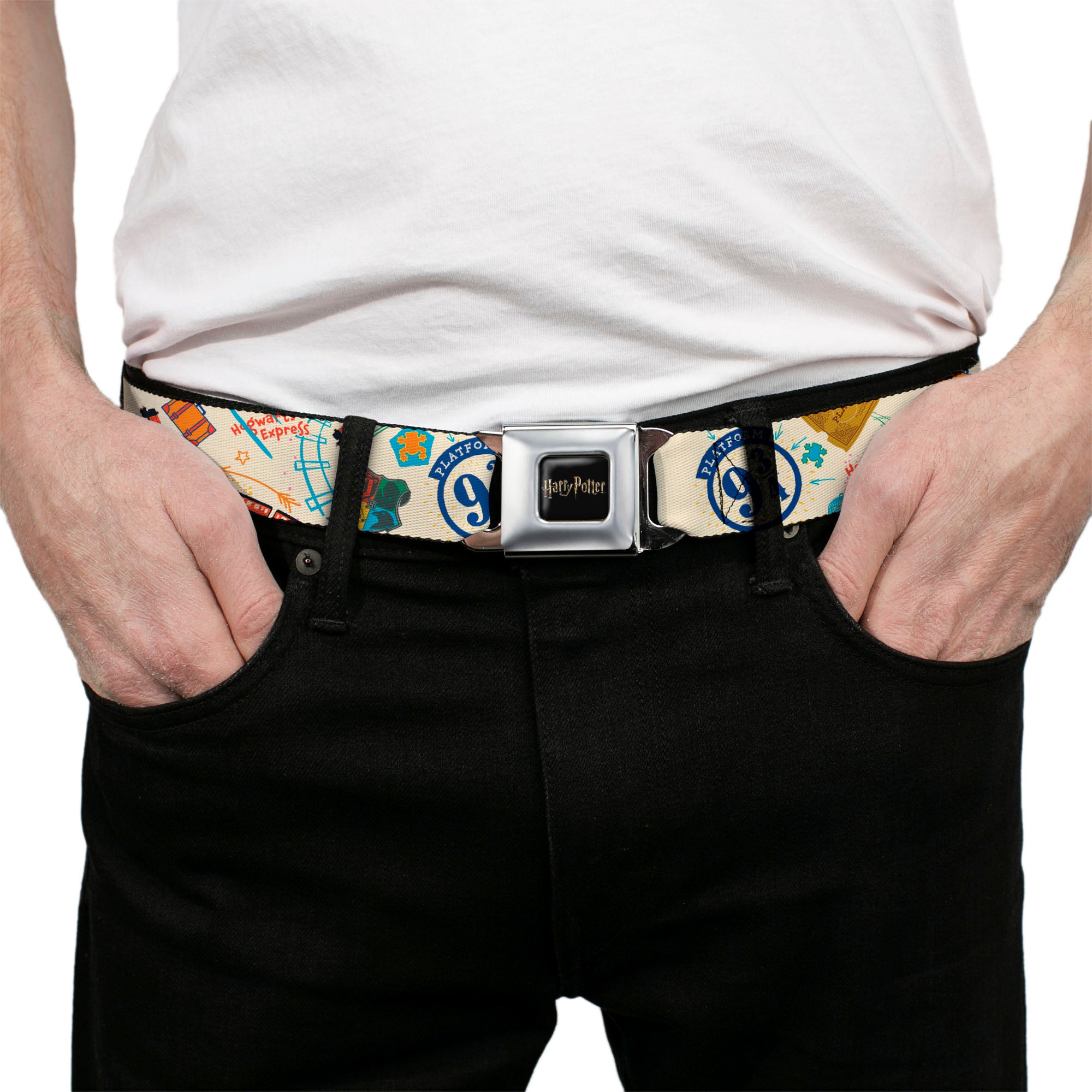 HARRY POTTER Title Logo Full Color Black Seatbelt Belt - Harry Potter HOGWARTS EXPRESS Icons Collage Beige/Multi Color Webbing Seatbelt Belts Harry Potter