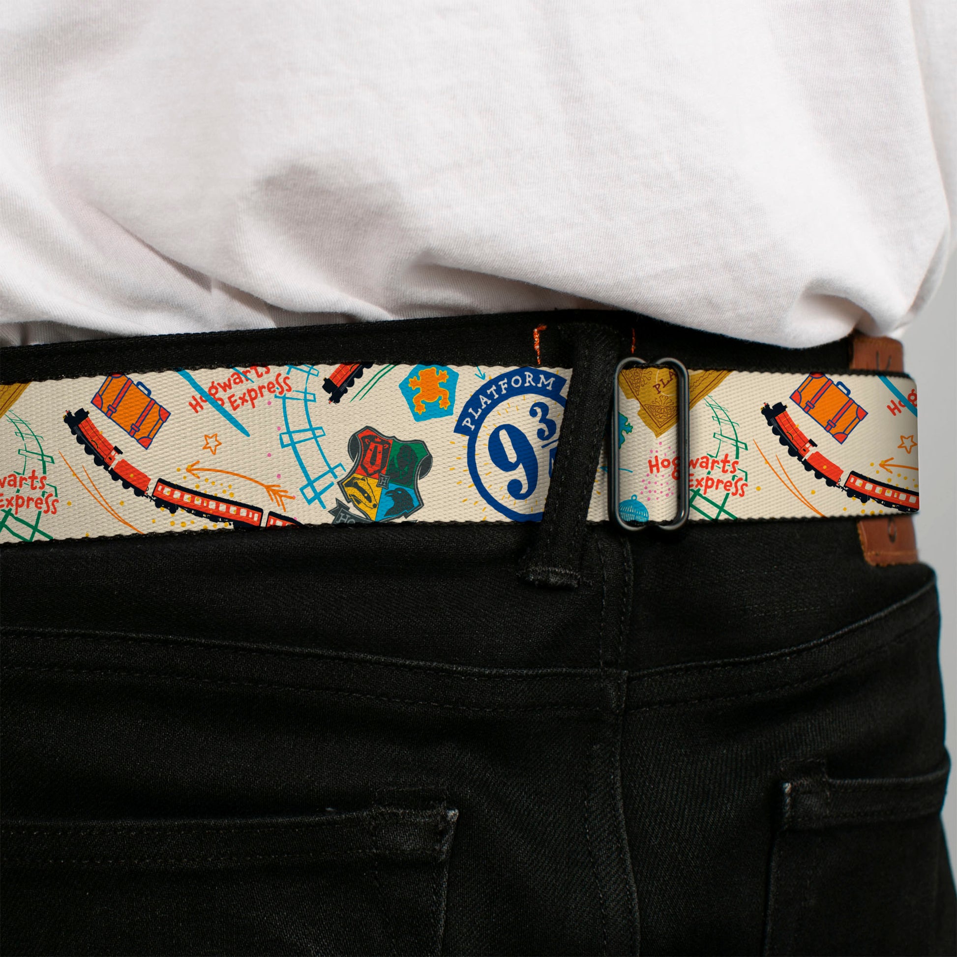 HARRY POTTER Title Logo Full Color Black Seatbelt Belt - Harry Potter HOGWARTS EXPRESS Icons Collage Beige/Multi Color Webbing Seatbelt Belts Harry Potter