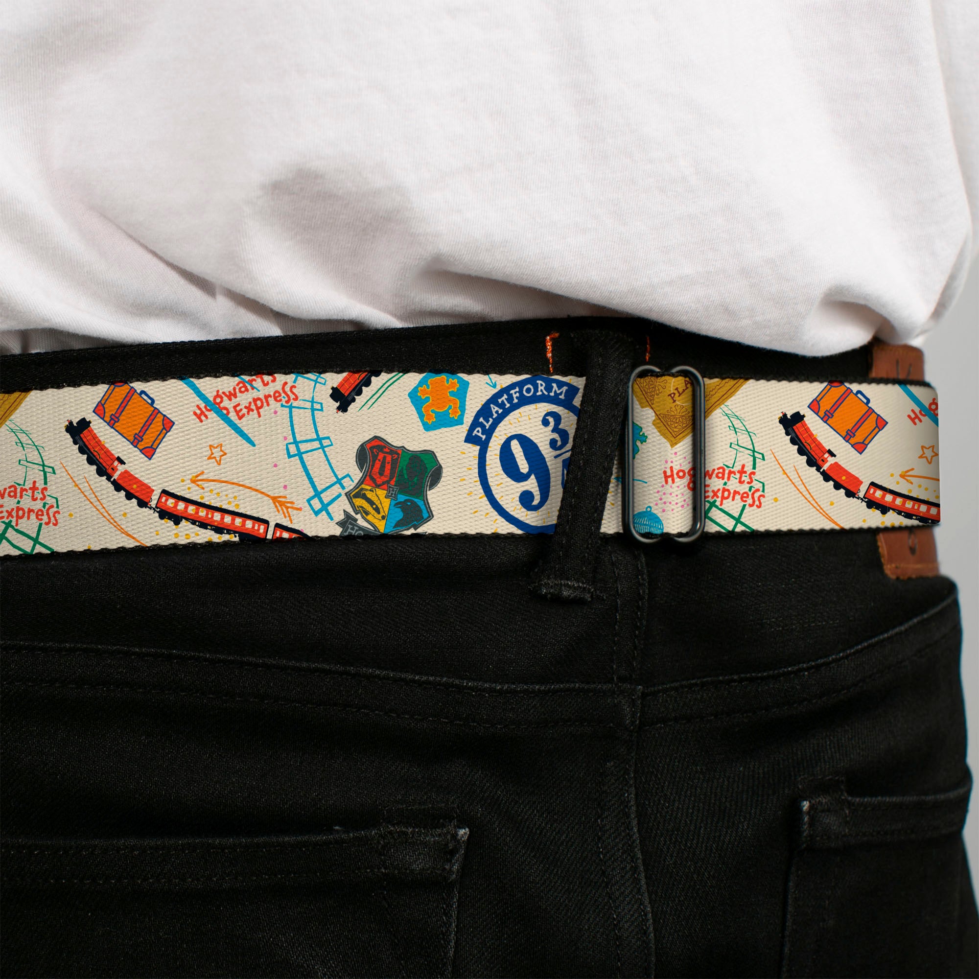 HARRY POTTER Title Logo Full Color Black Seatbelt Belt - Harry Potter HOGWARTS EXPRESS Icons Collage Beige/Multi Color Webbing Seatbelt Belts Harry Potter
