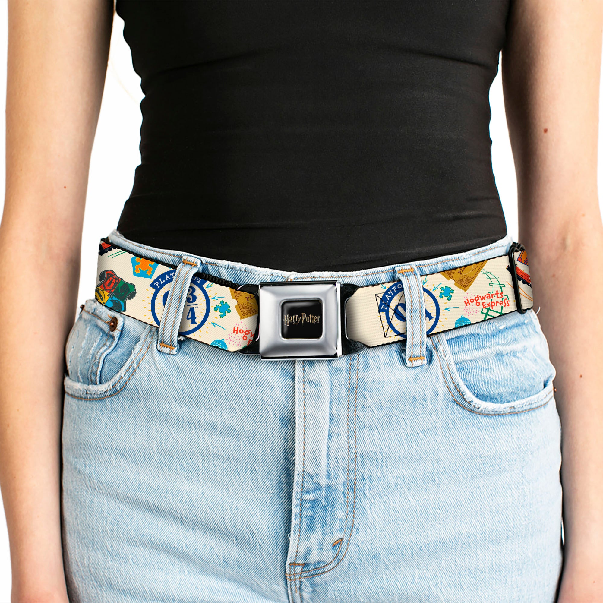HARRY POTTER Title Logo Full Color Black Seatbelt Belt - Harry Potter HOGWARTS EXPRESS Icons Collage Beige/Multi Color Webbing Seatbelt Belts Harry Potter