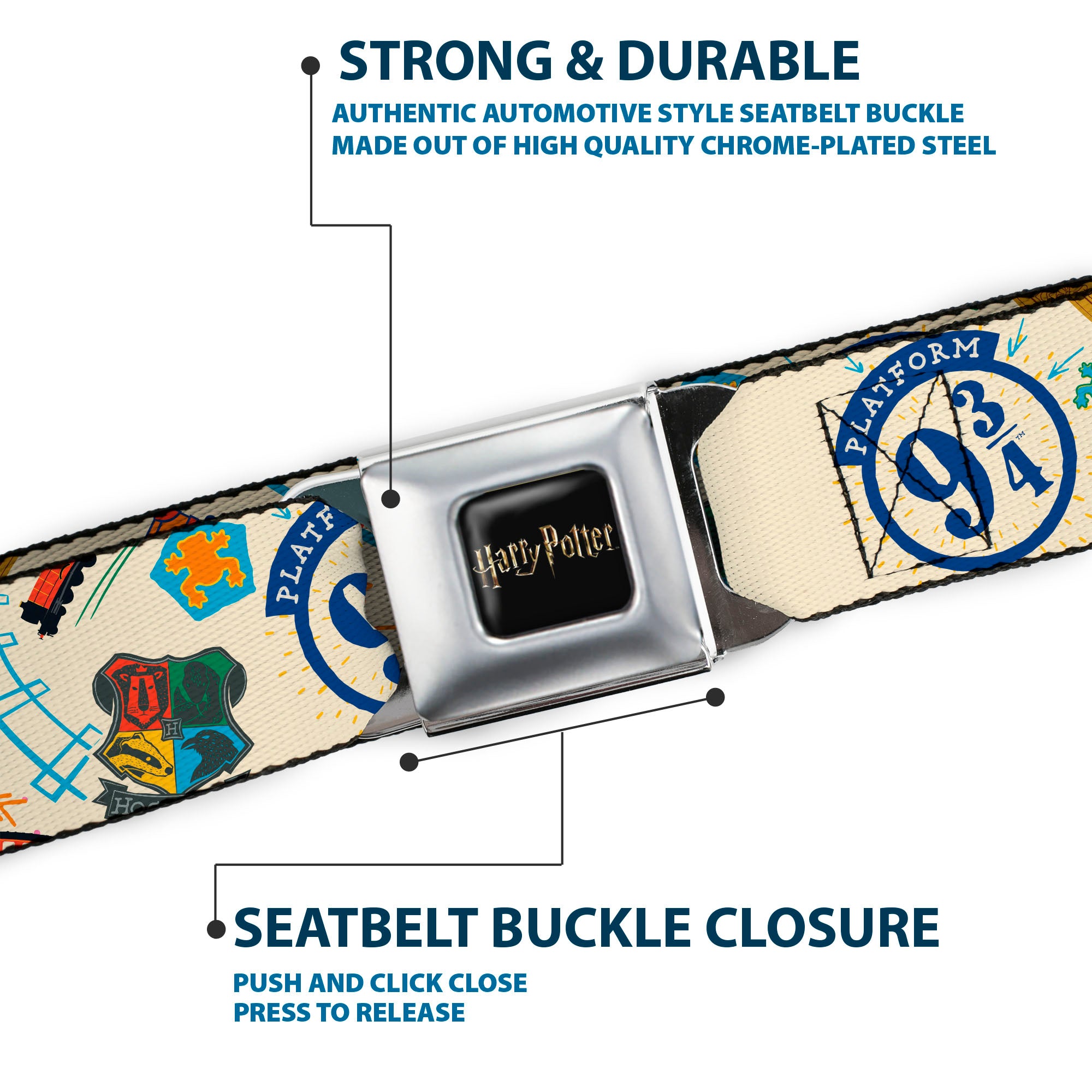 HARRY POTTER Title Logo Full Color Black Seatbelt Belt - Harry Potter HOGWARTS EXPRESS Icons Collage Beige/Multi Color Webbing Seatbelt Belts Harry Potter