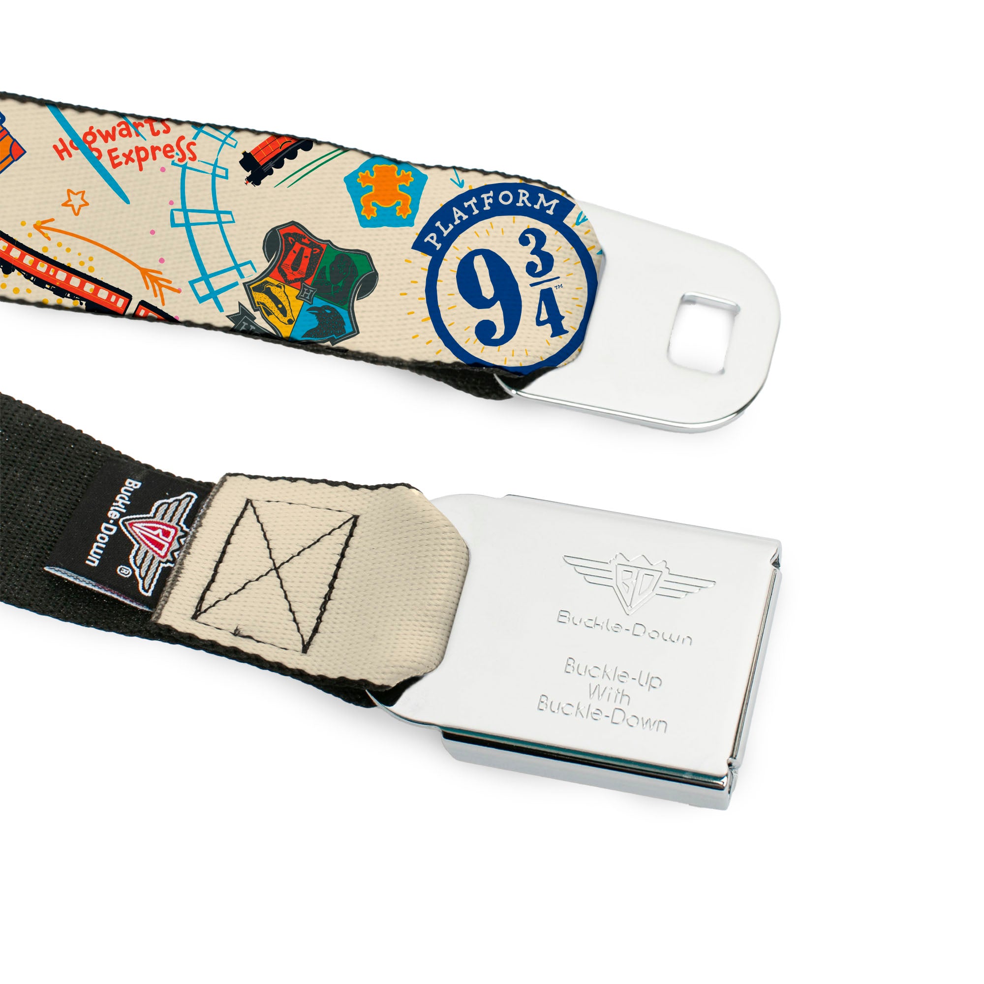 HARRY POTTER Title Logo Full Color Black Seatbelt Belt - Harry Potter HOGWARTS EXPRESS Icons Collage Beige/Multi Color Webbing Seatbelt Belts Harry Potter