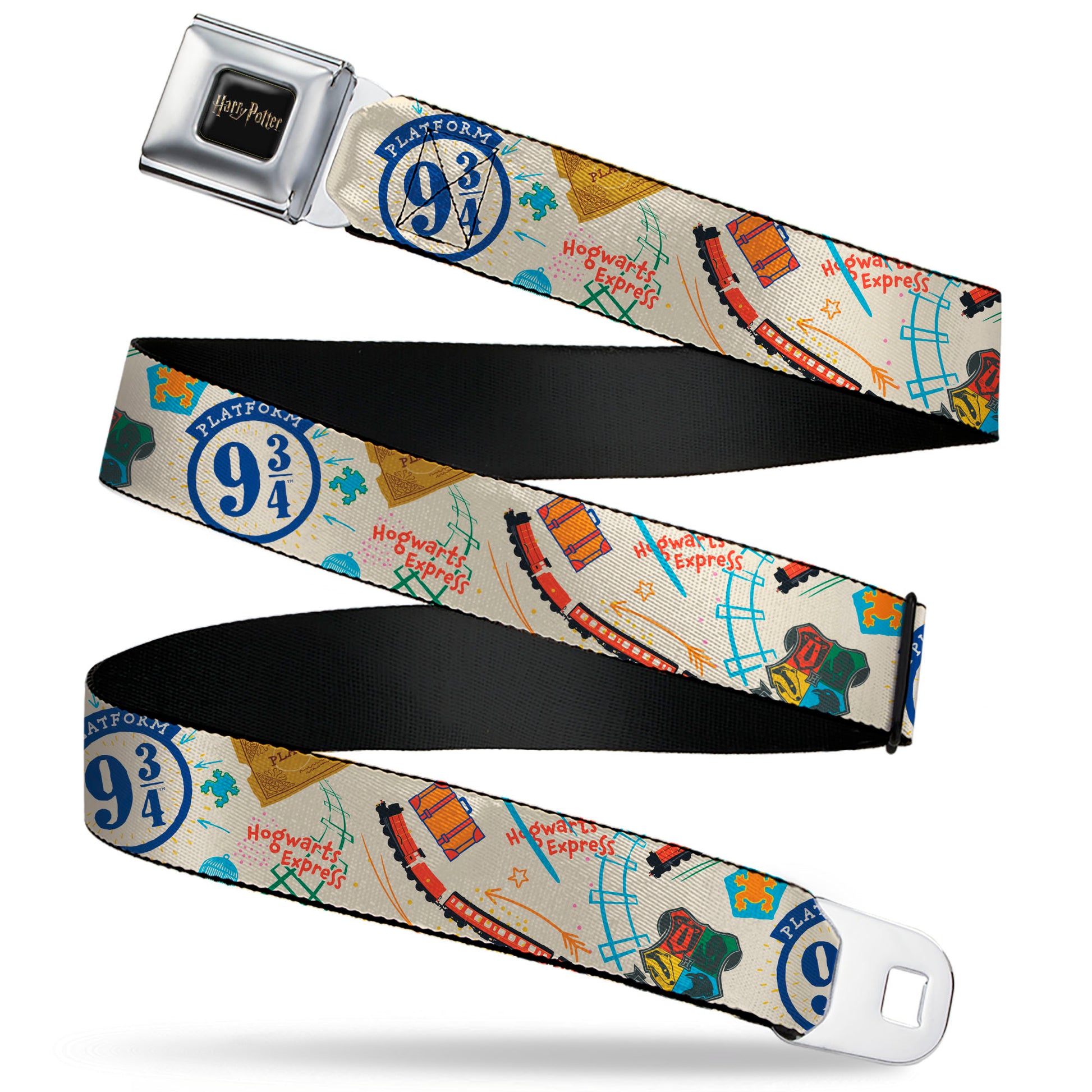 HARRY POTTER Title Logo Full Color Black Seatbelt Belt - Harry Potter HOGWARTS EXPRESS Icons Collage Beige/Multi Color Webbing Seatbelt Belts Harry Potter