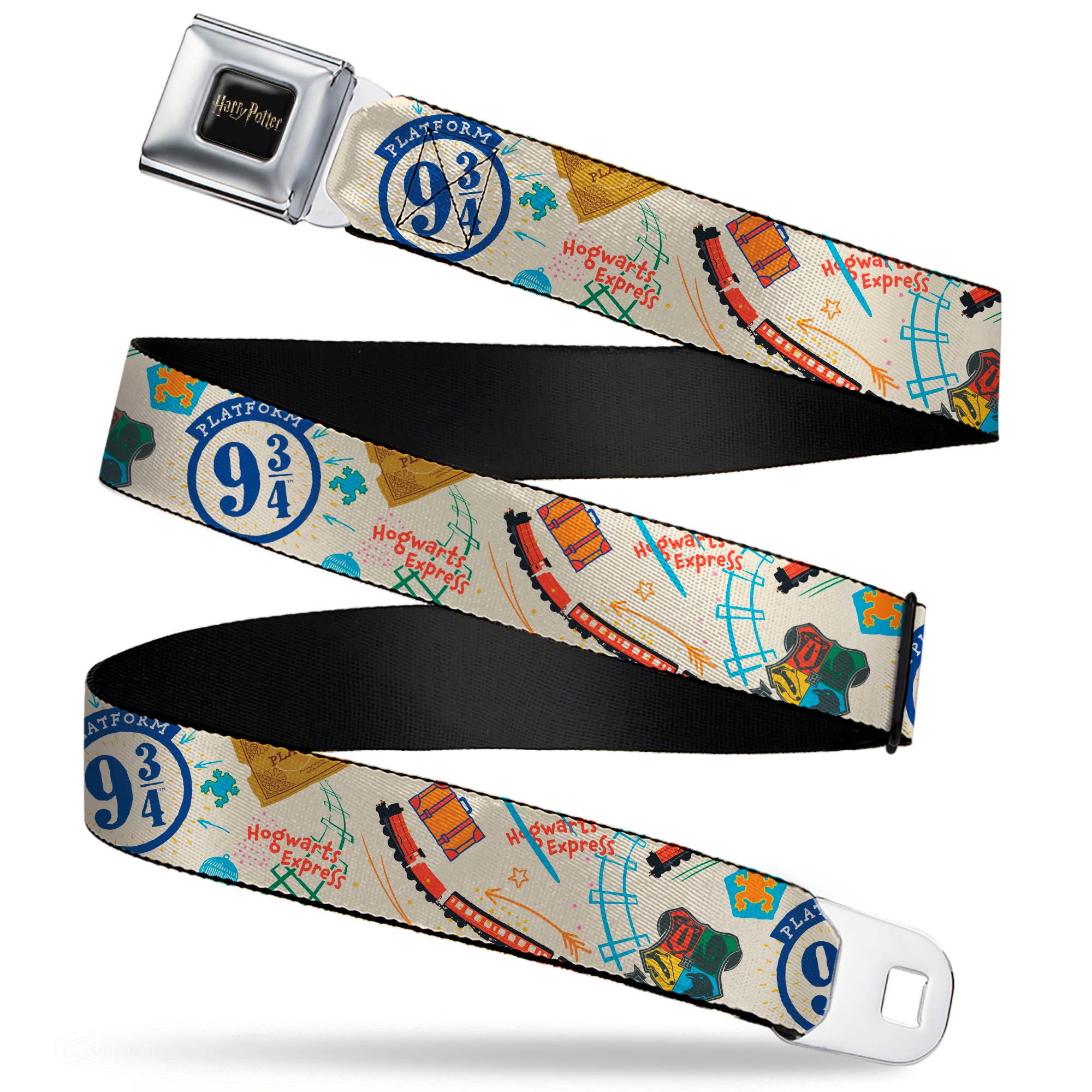 HARRY POTTER Title Logo Full Color Black Seatbelt Belt - Harry Potter HOGWARTS EXPRESS Icons Collage Beige/Multi Color Webbing Seatbelt Belts Harry Potter