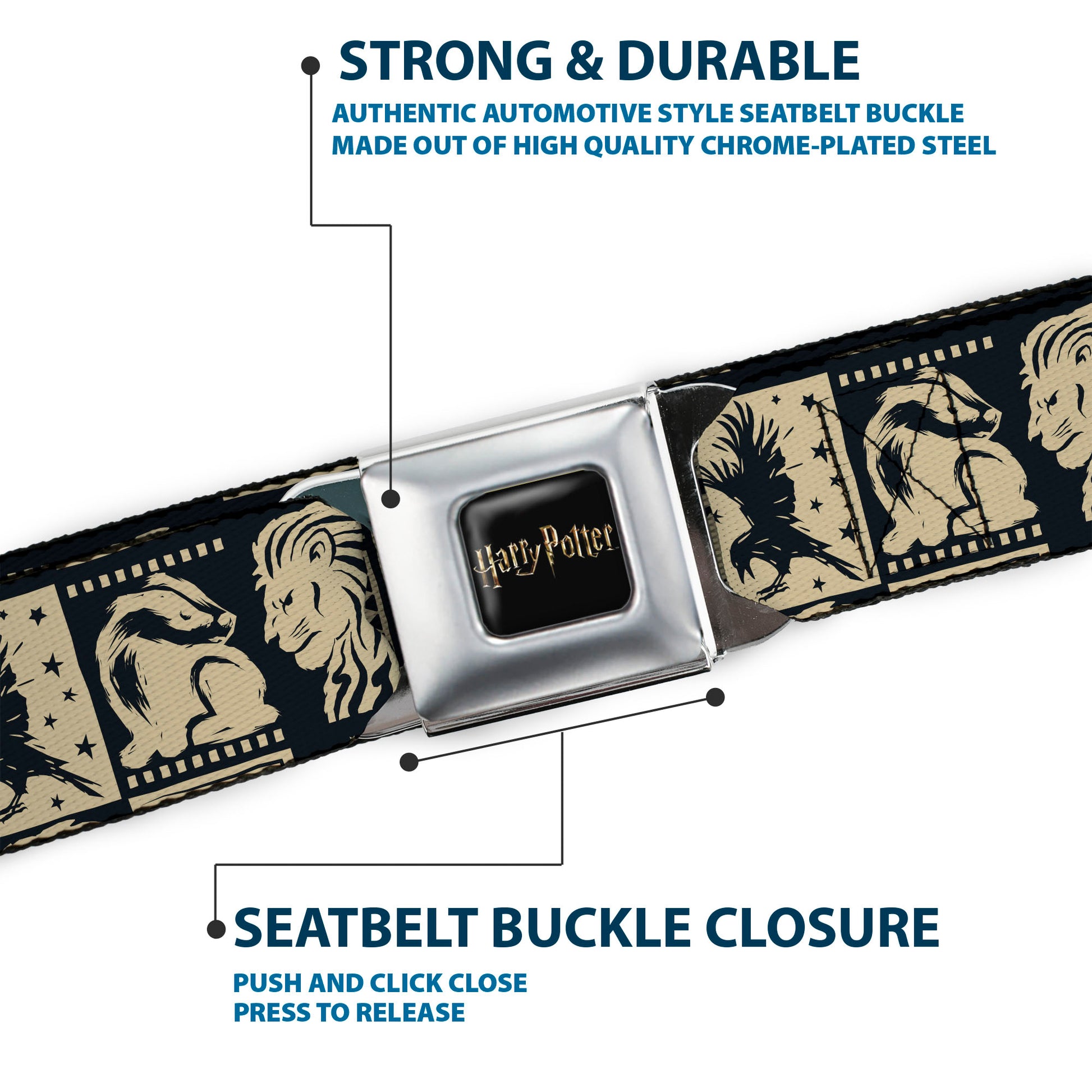 HARRY POTTER Title Logo Full Color Black Seatbelt Belt - Harry Potter Hogwarts House Patch Blocks Tan/Black Webbing Seatbelt Belts Harry Potter