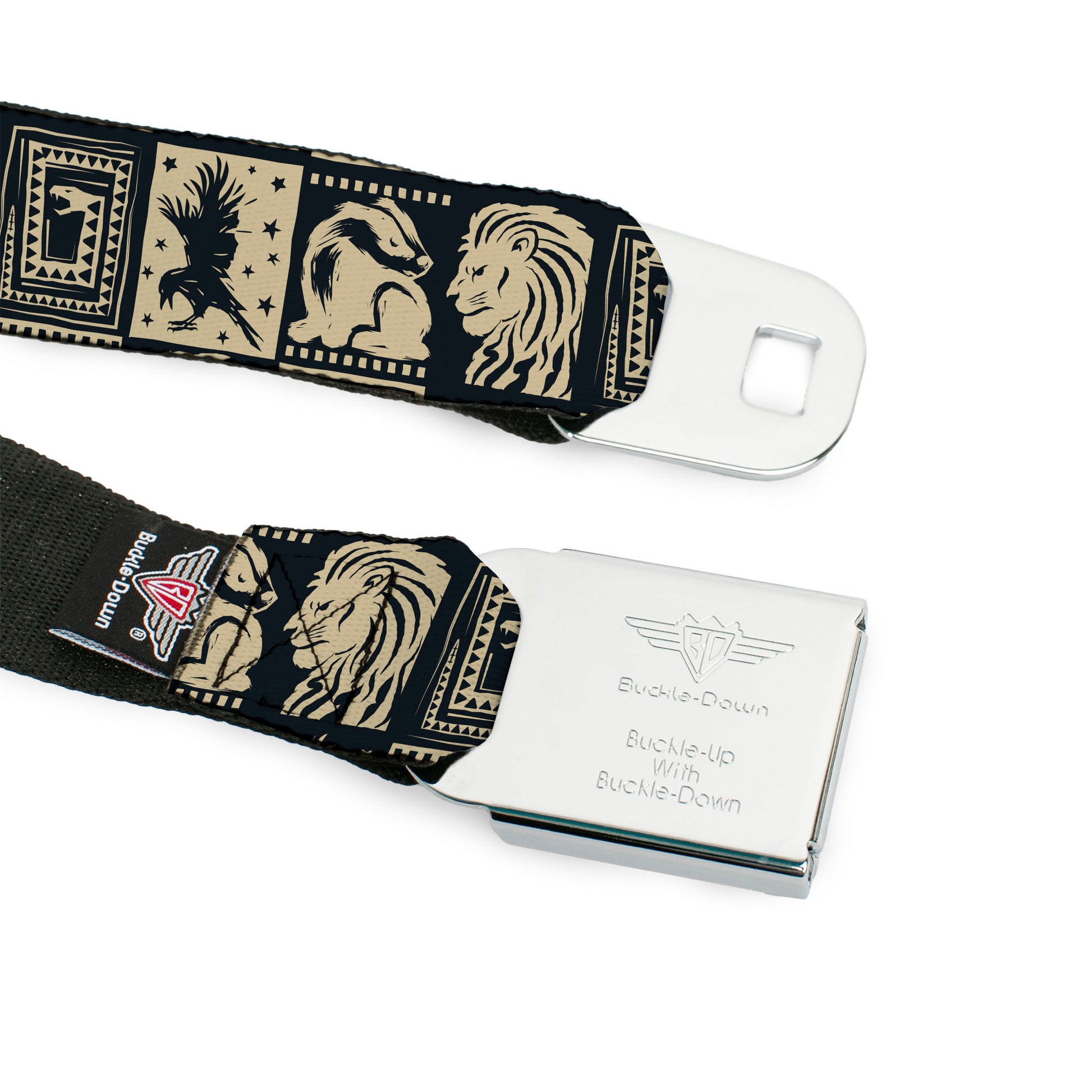 HARRY POTTER Title Logo Full Color Black Seatbelt Belt - Harry Potter Hogwarts House Patch Blocks Tan/Black Webbing Seatbelt Belts Harry Potter