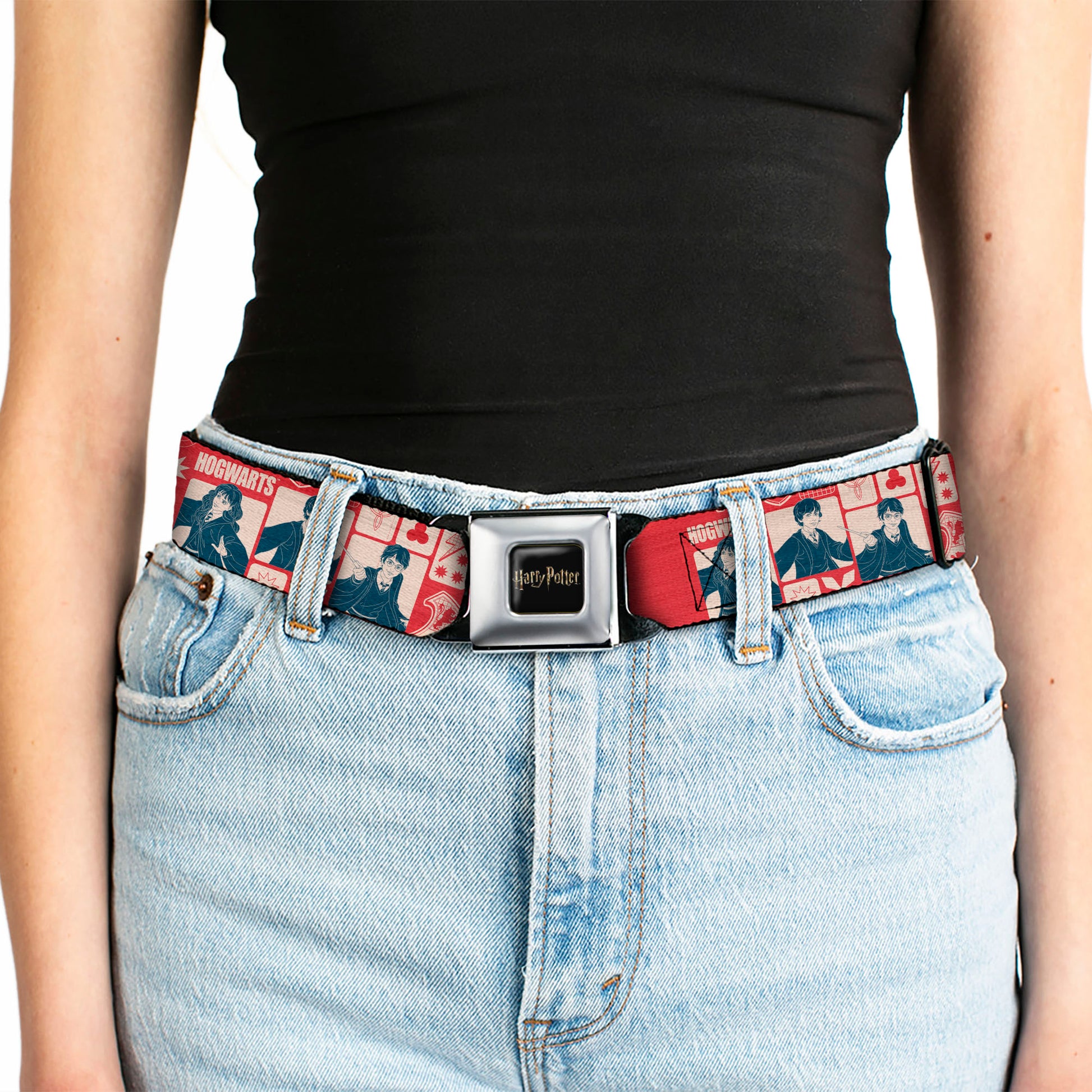 HARRY POTTER Title Logo Full Color Black Seatbelt Belt - Harry Potter HOGWARTS The Golden Trio Magic Collage Reds Webbing Seatbelt Belts Harry Potter