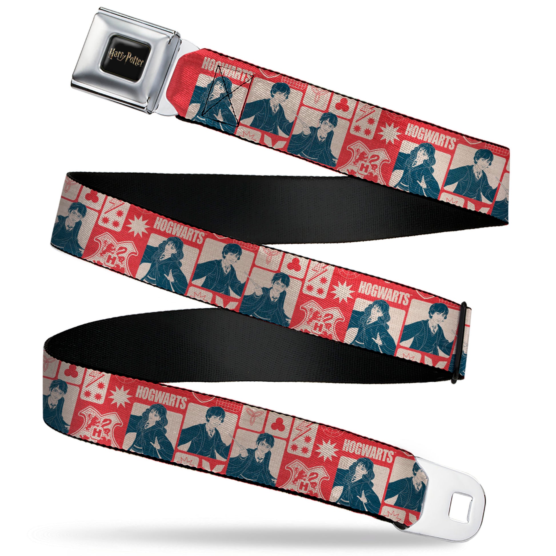 HARRY POTTER Title Logo Full Color Black Seatbelt Belt - Harry Potter HOGWARTS The Golden Trio Magic Collage Reds Webbing Seatbelt Belts Harry Potter
