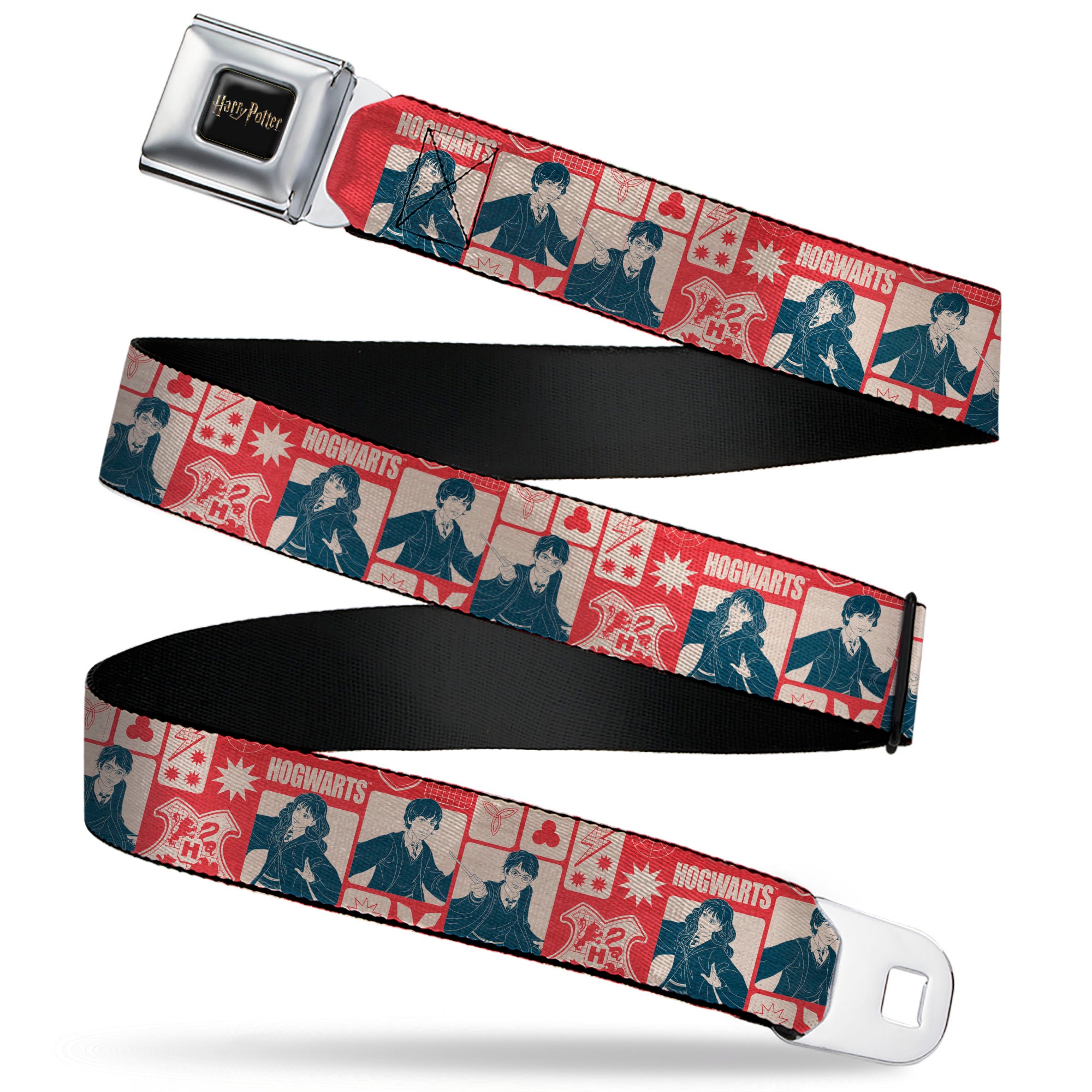 HARRY POTTER Title Logo Full Color Black Seatbelt Belt - Harry Potter HOGWARTS The Golden Trio Magic Collage Reds Webbing Seatbelt Belts Harry Potter