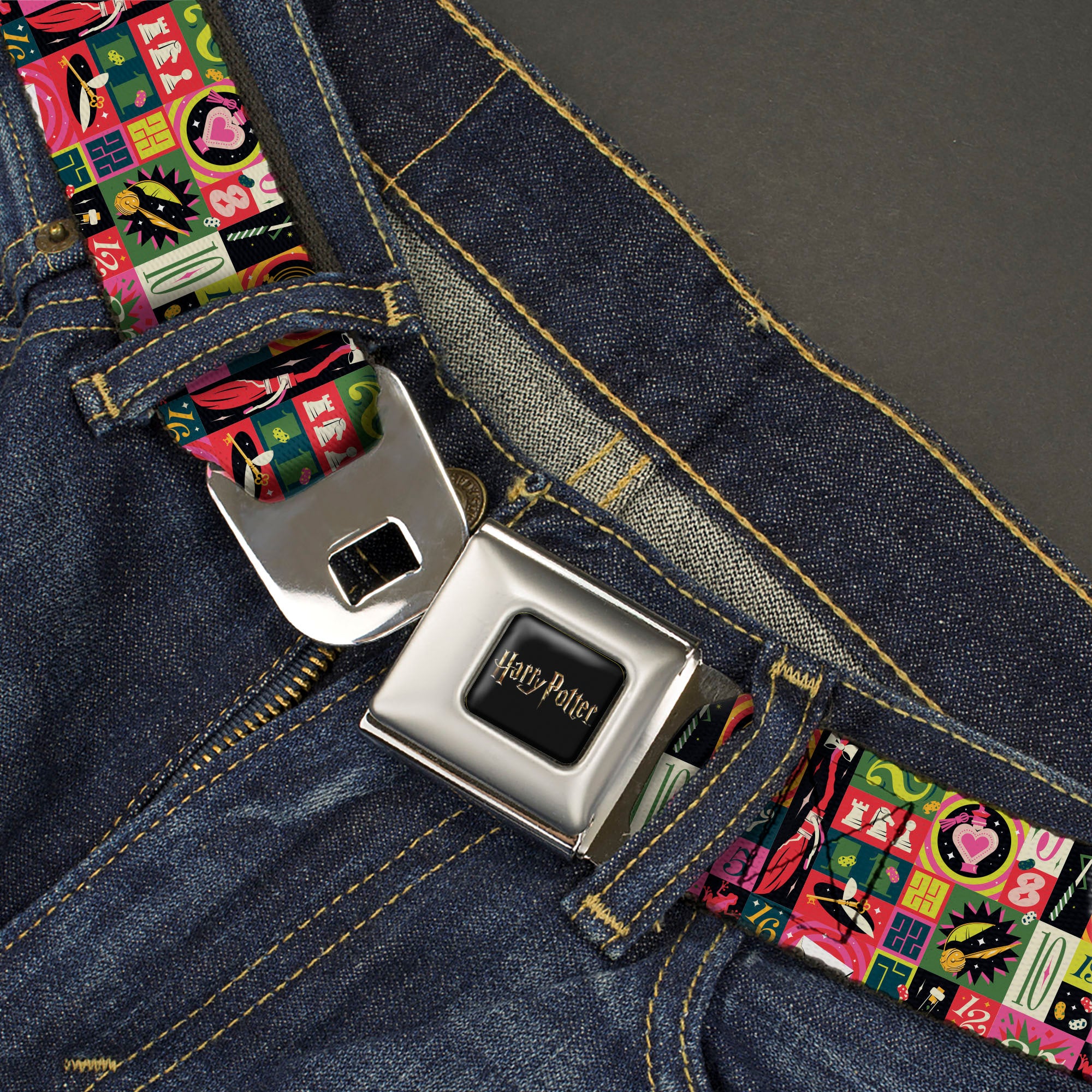 HARRY POTTER Title Logo Full Color Black Seatbelt Belt - Harry Potter Deck the Holidays Christmas Collage Multi Color Webbing Seatbelt Belts Harry Potter